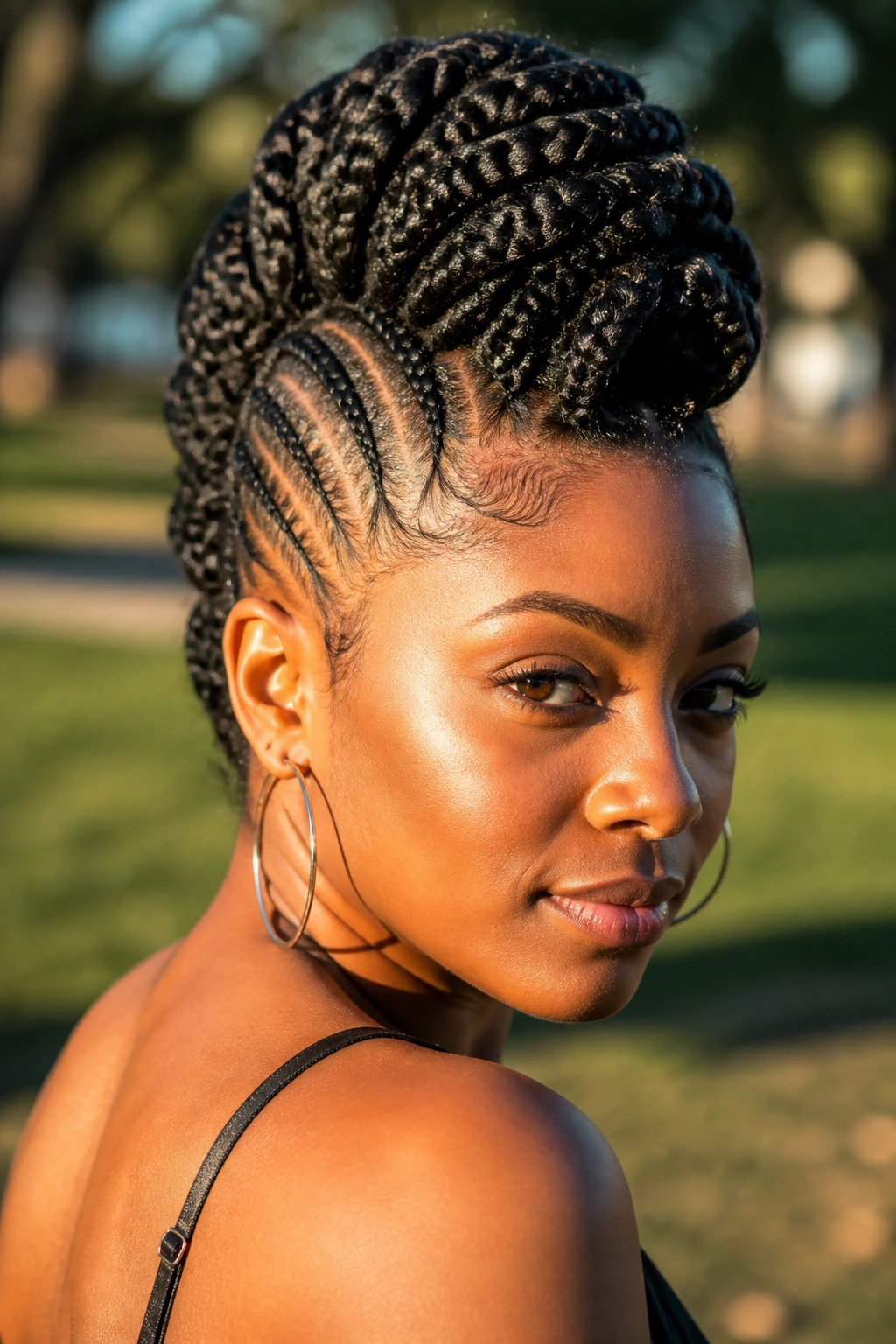 Close-up of mohawk-inspired braided updo on a real person