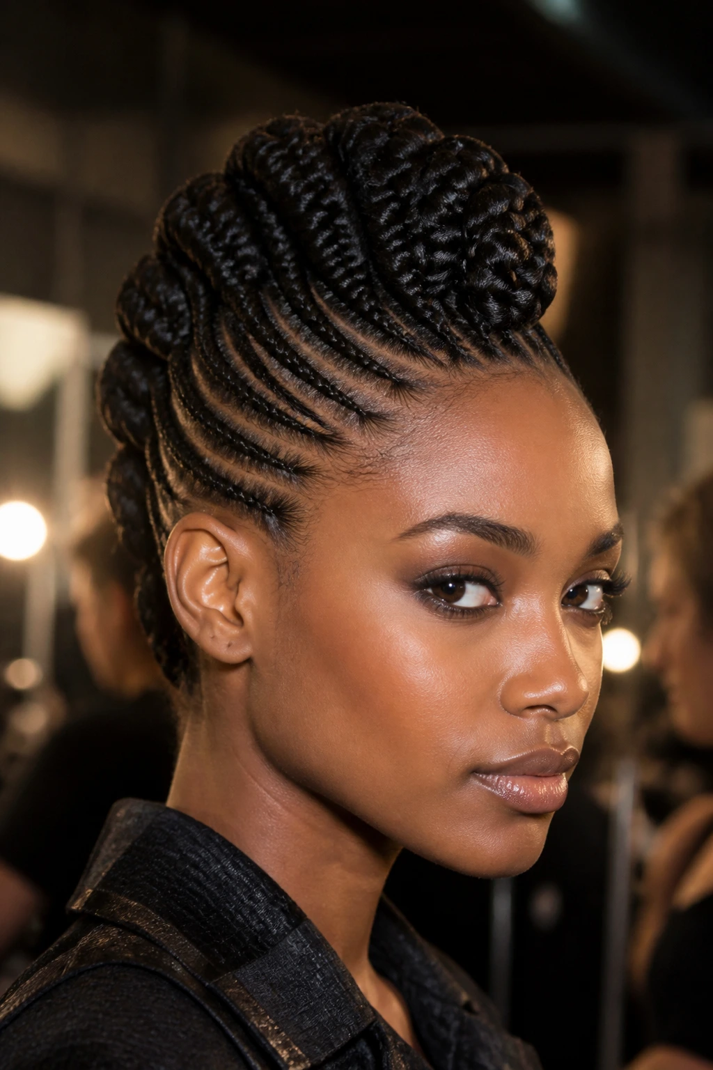 Real person with mohawk-inspired braided updo backstage