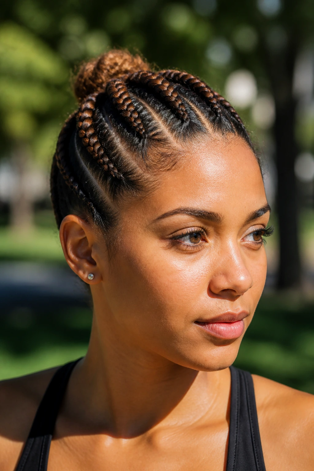 Real person with multiple tight braids forming a Mohawk