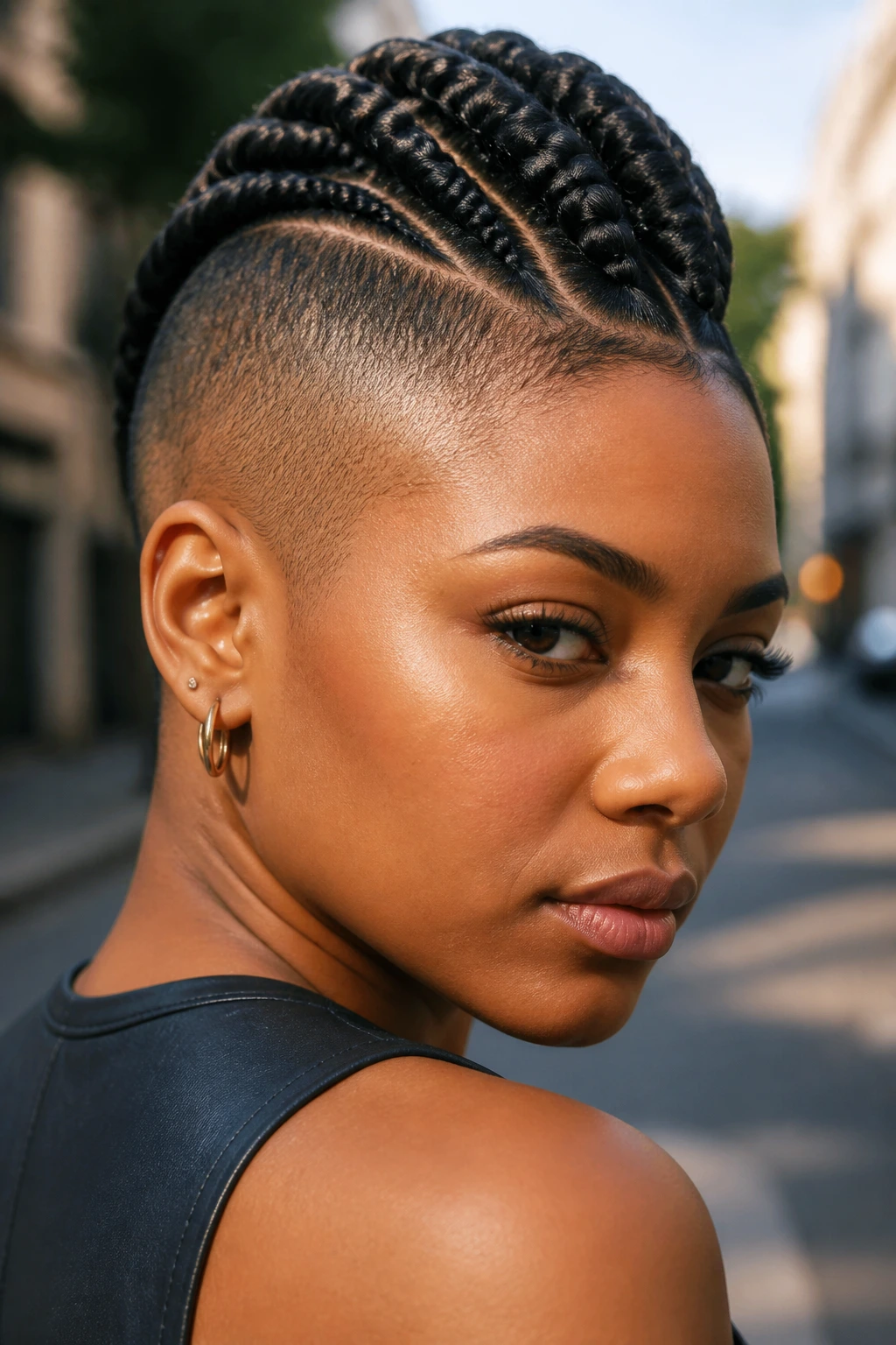 Close-up of Mohawk braids with shaved sides on a real person