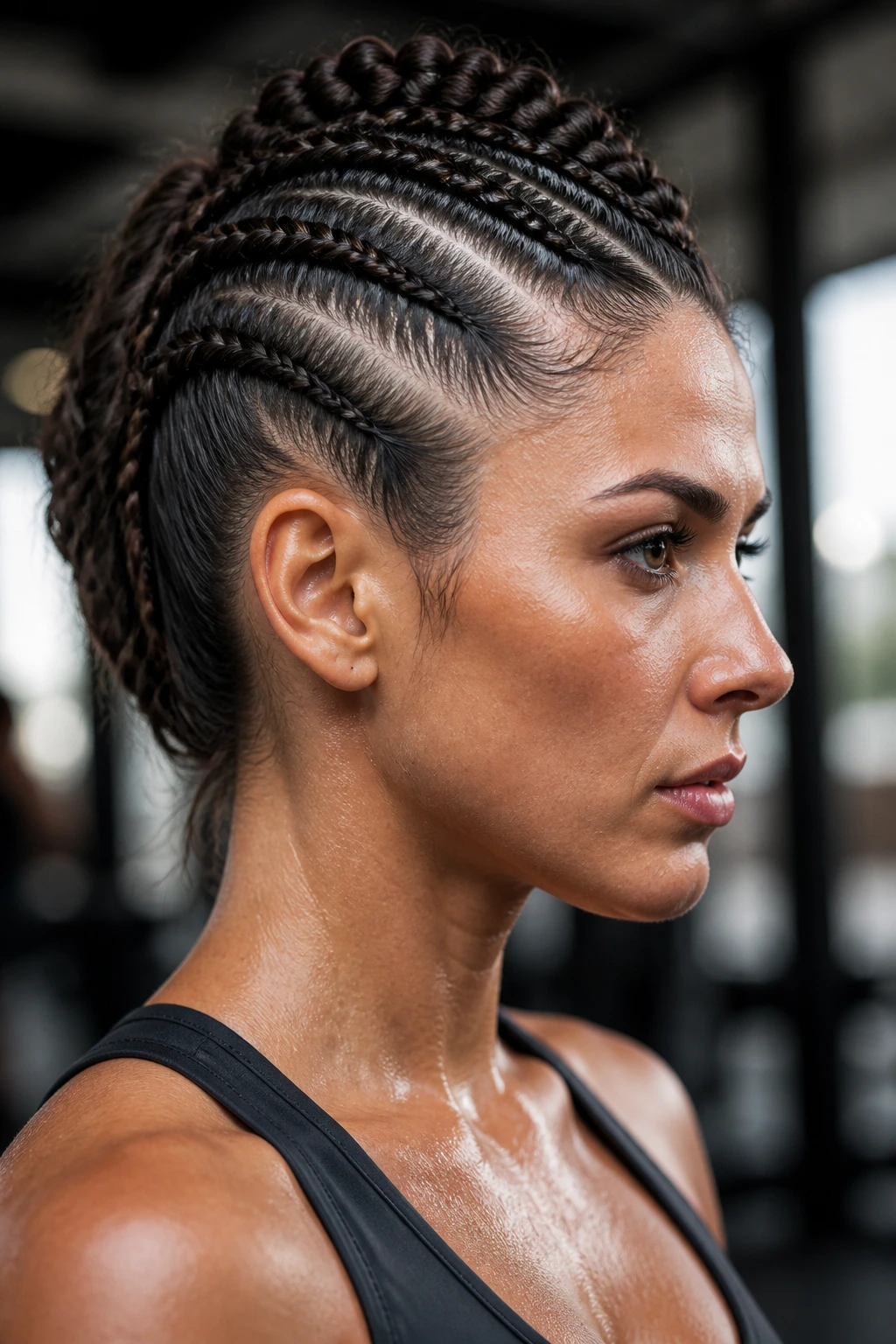 Close-up of center mohawk braids on a real woman during a workout
