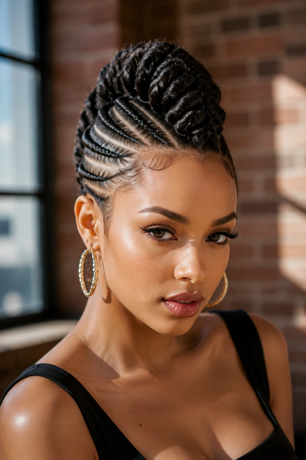 Frontal close-up of a woman with Mohawk-inspired cornrow design.