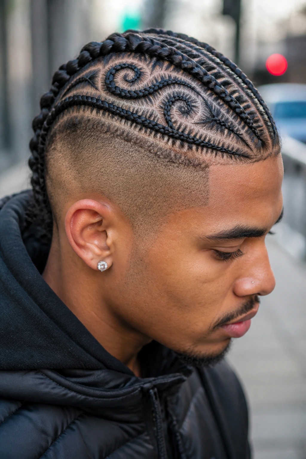 Real person with Mohawk cornrows and shaved sides outdoors