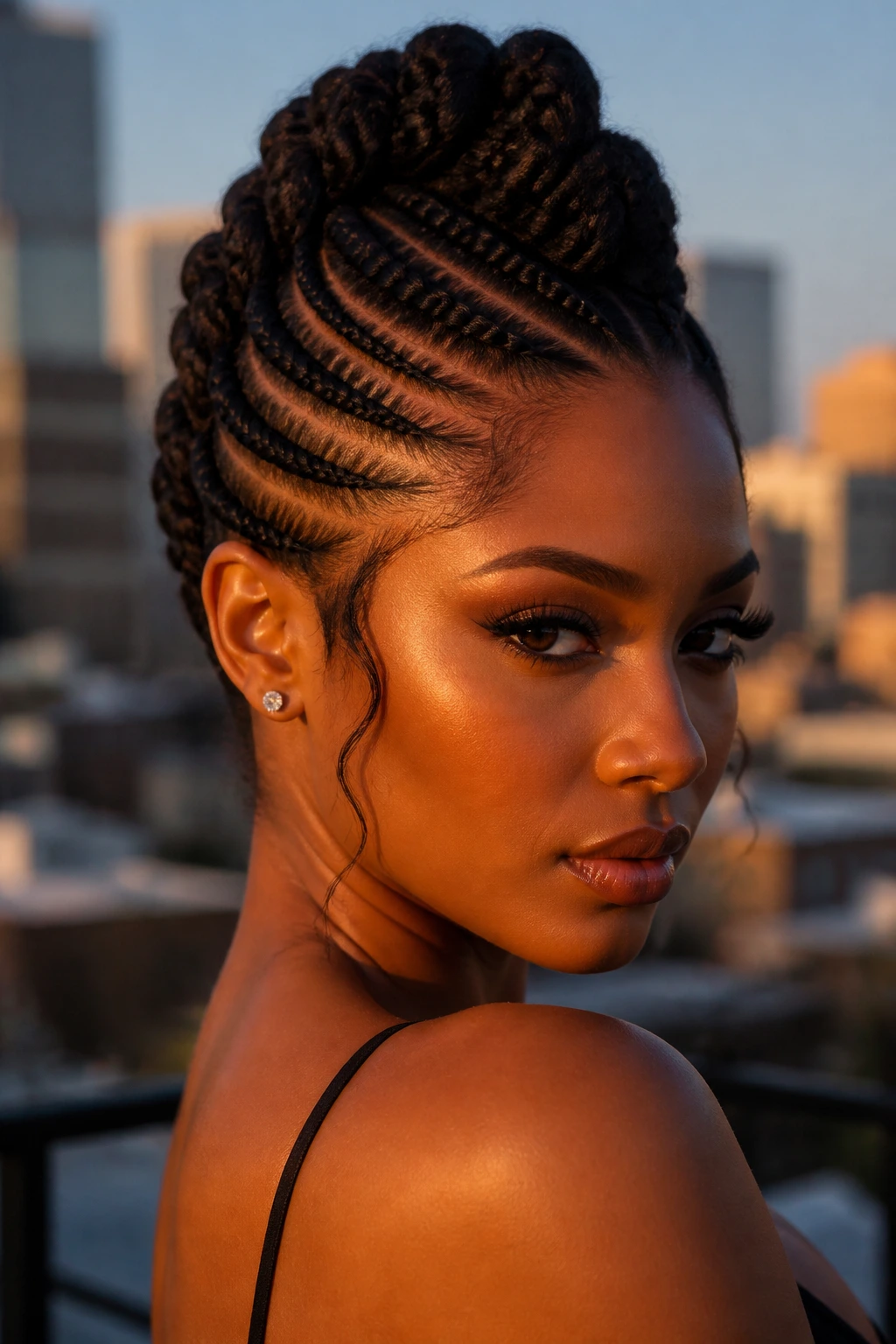 Close-up of a real woman with a Mohawk cornrow updo