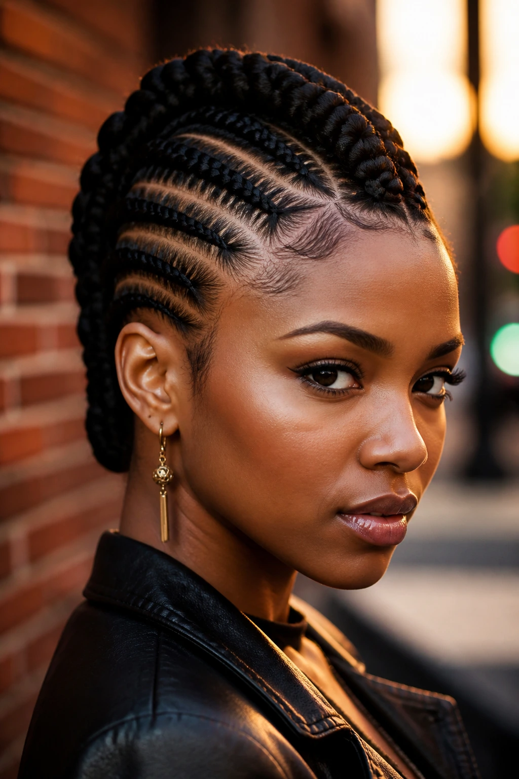 Close-up of a mohawk cornrow hairstyle on a real person in an urban setting
