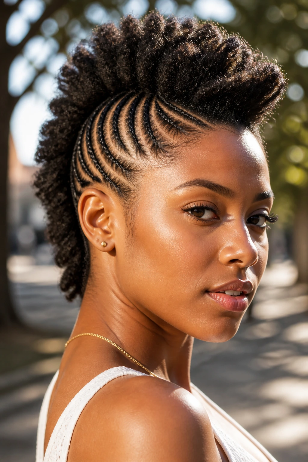 Close-up of mohawk cornrows on a real person