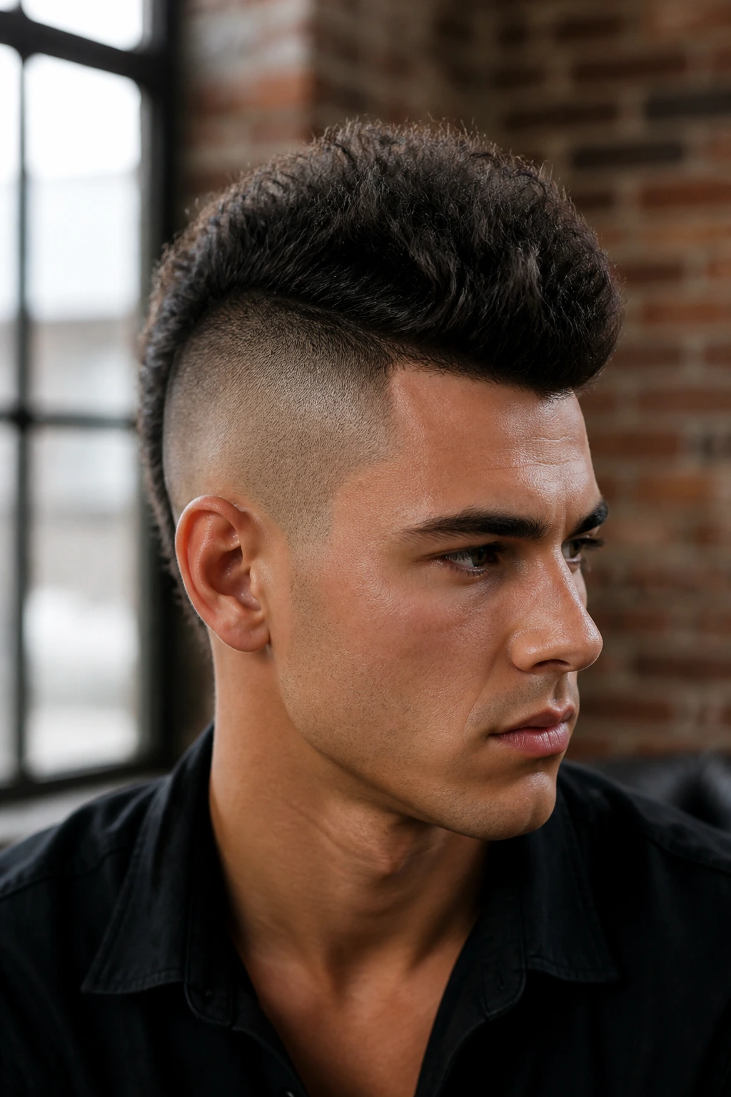 Portrait of a person with a centered mohawk-inspired crop and shaved sides.