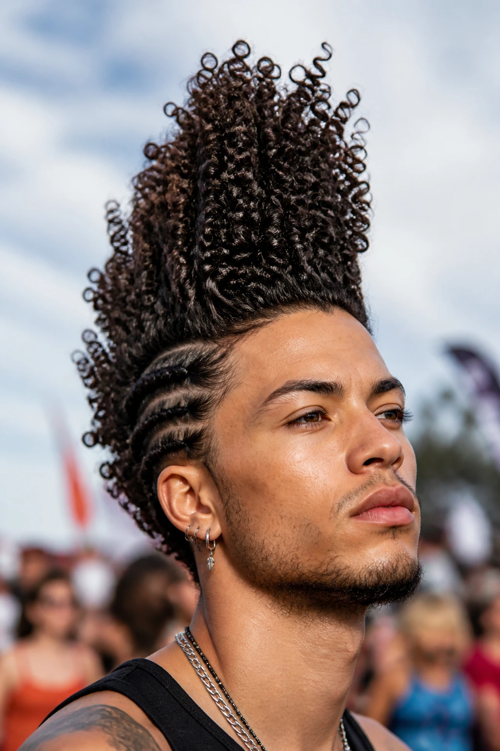 Close-up of a real person with a tall curly mohawk and slicked sides, festival-like outdoor setting.