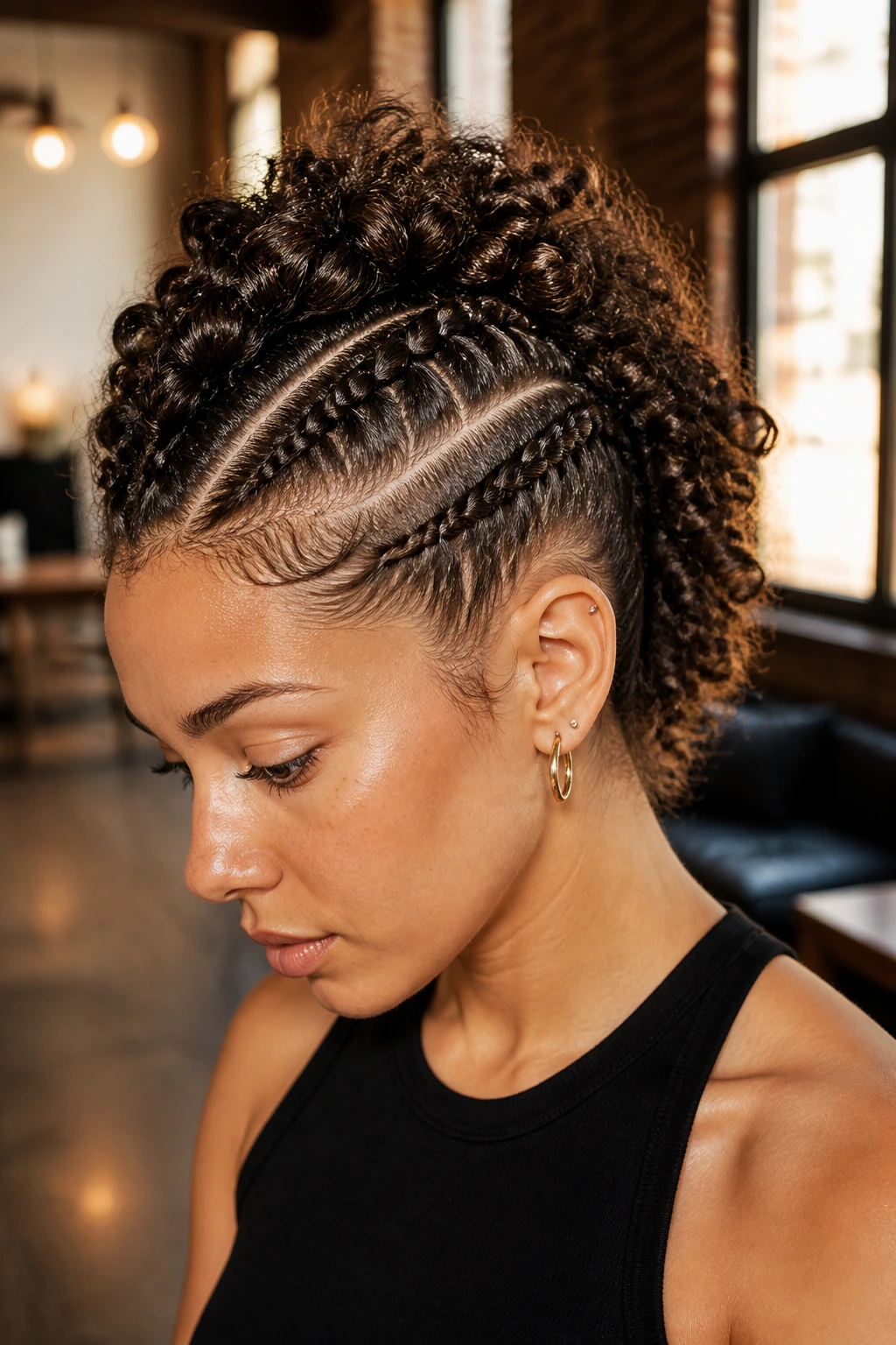Close-up of real person with Mohawk-style Dutch braids along the crown