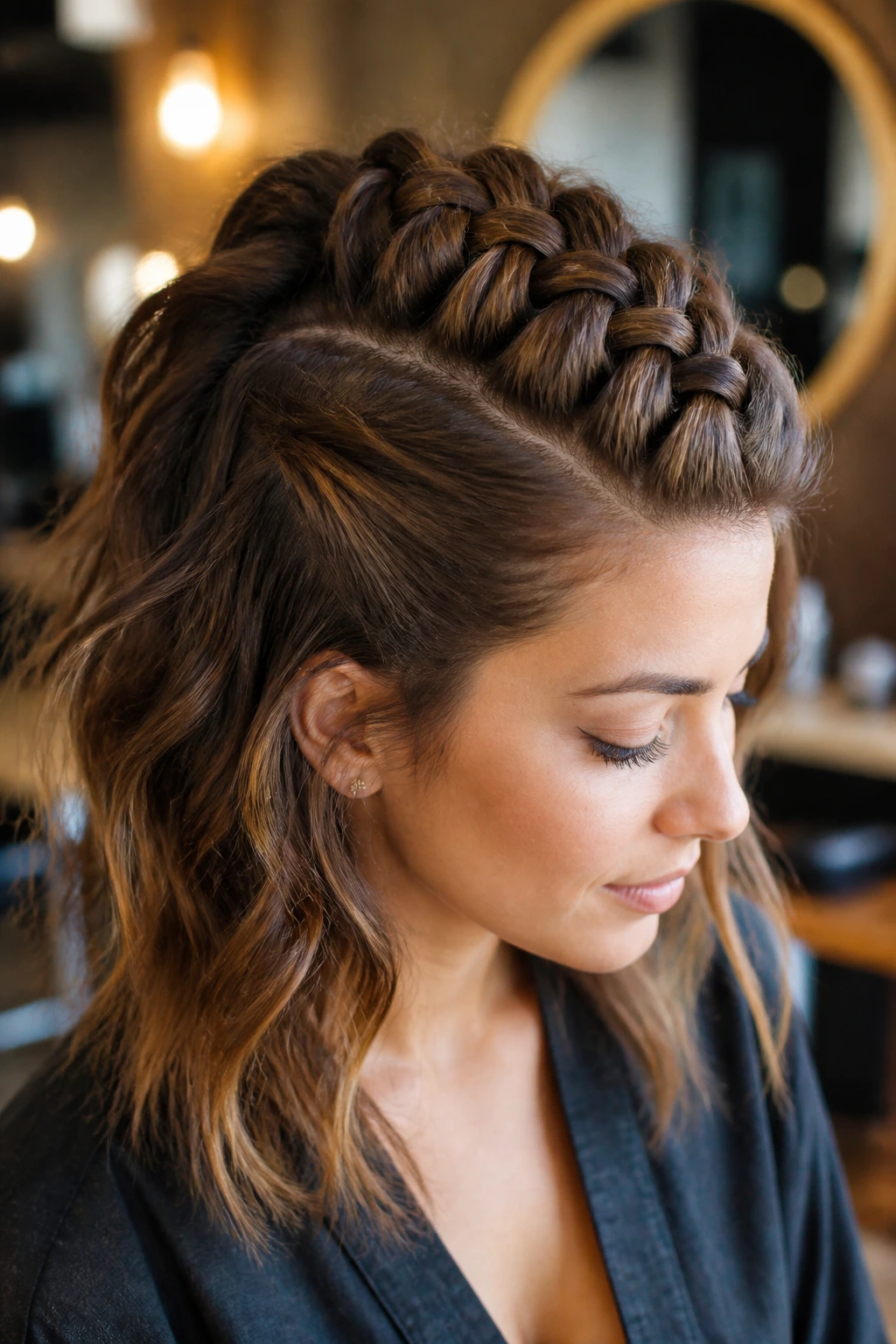 Close-up of a real person with a central Mohawk-inspired Dutch braid in a warm salon setting