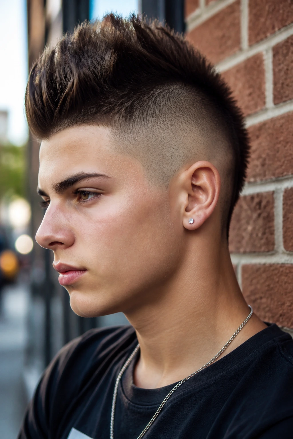 Teen with mohawk fade against urban brick wall
