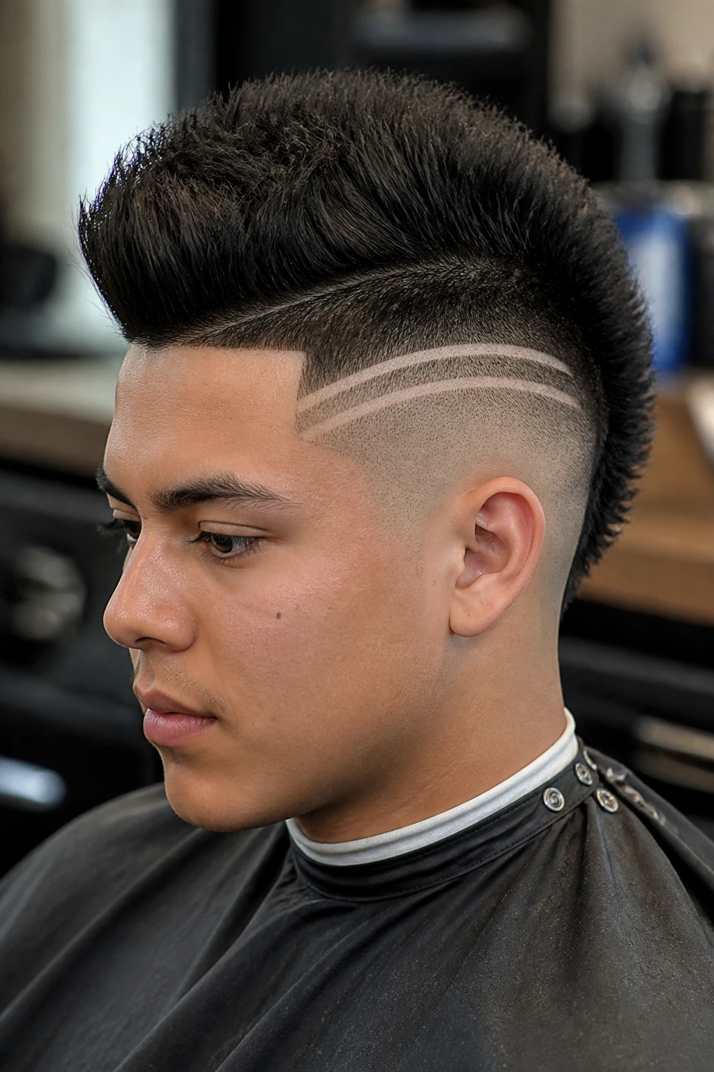 Close-up of a real person with a double-tracked mohawk fade showing two parallel side tracks