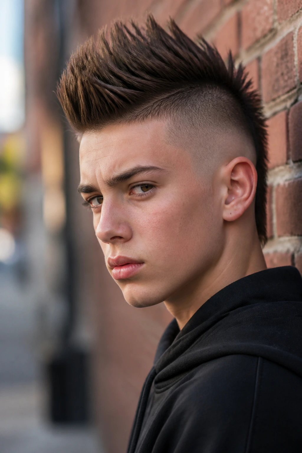 Close-up of a teenage boy's mohawk fade hairstyle with shaved sides in an urban setting