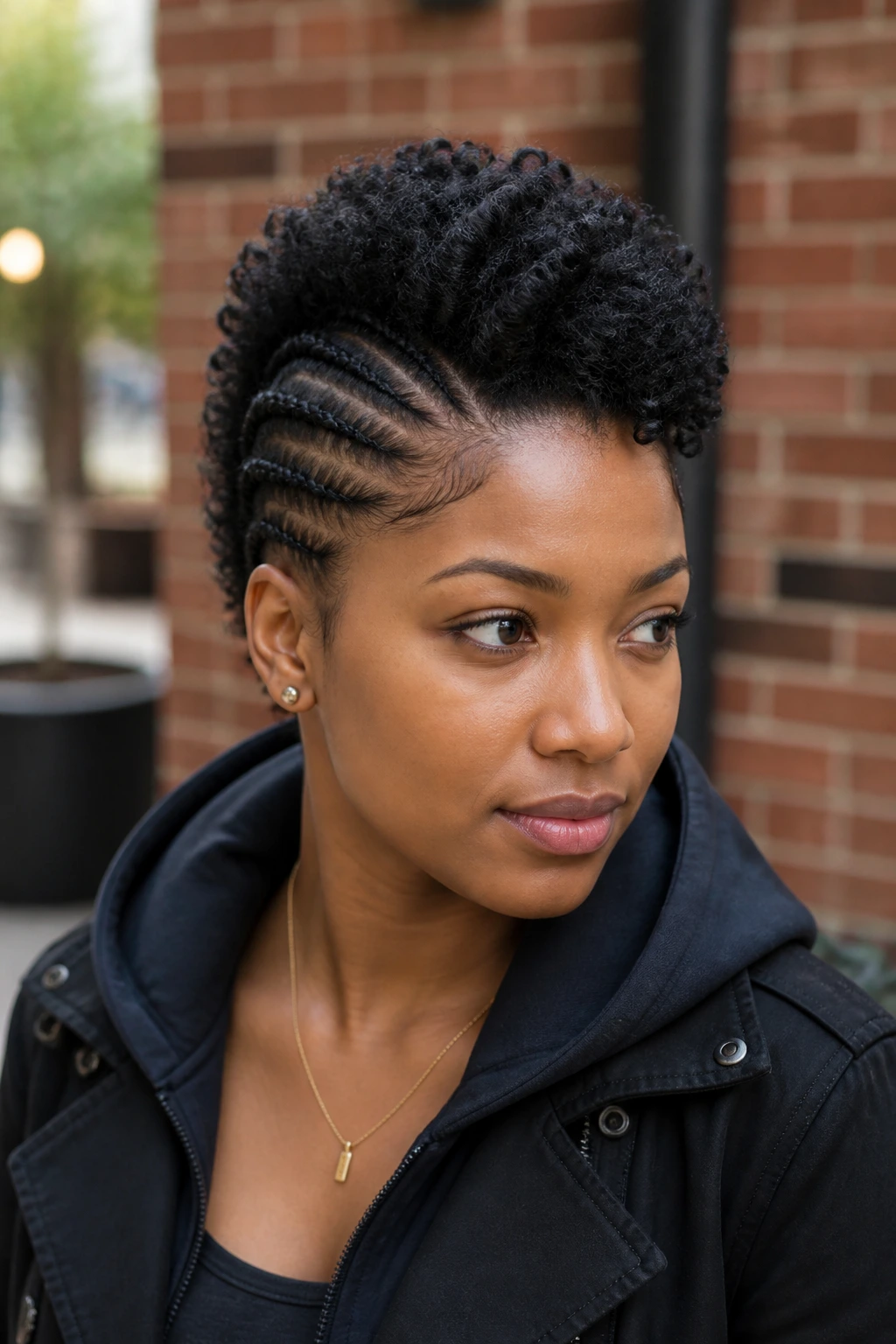 Medium close-up of a person with flat twists forming a mohawk