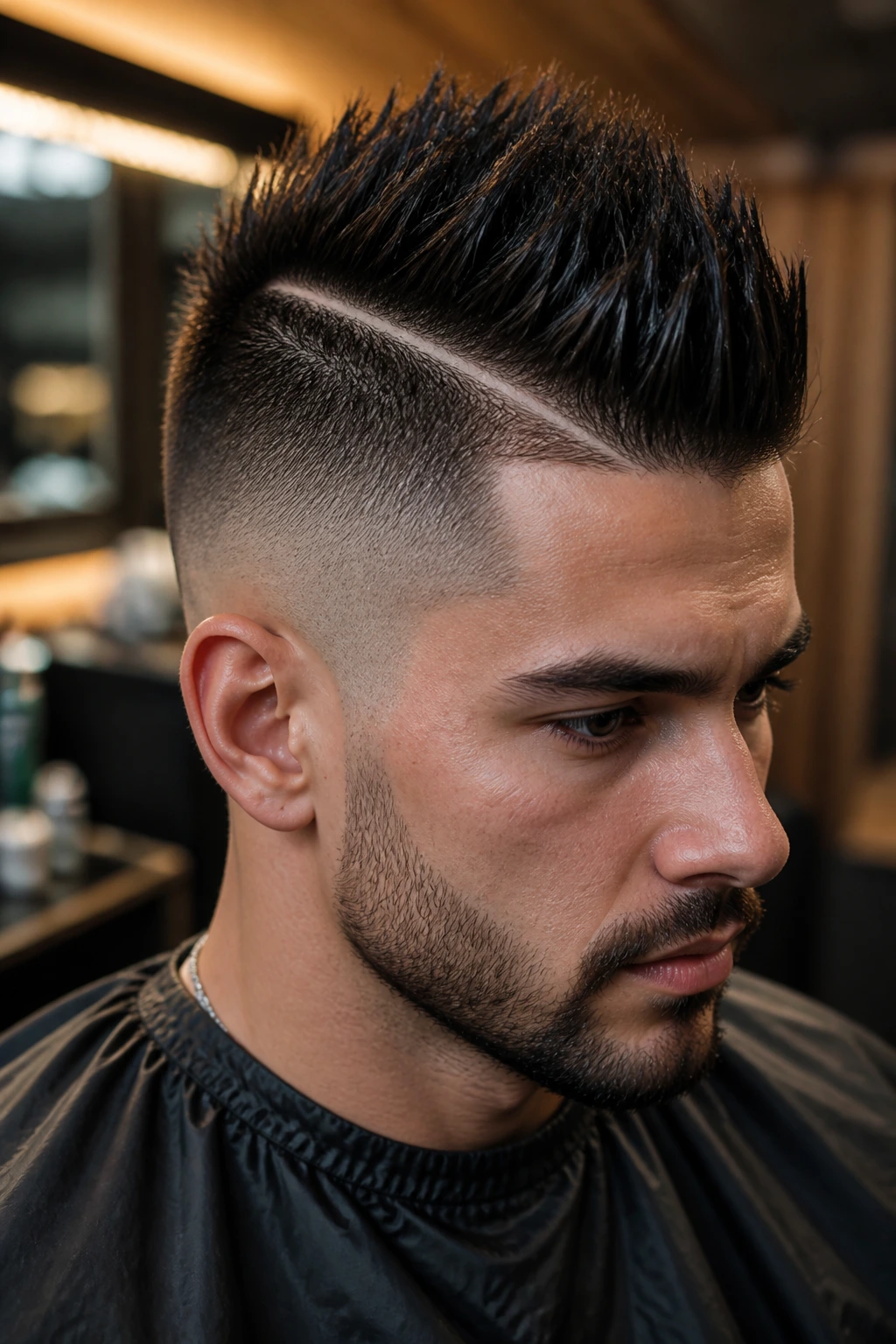 Close-up of a real person with a Mohawk featuring a sharp hard part