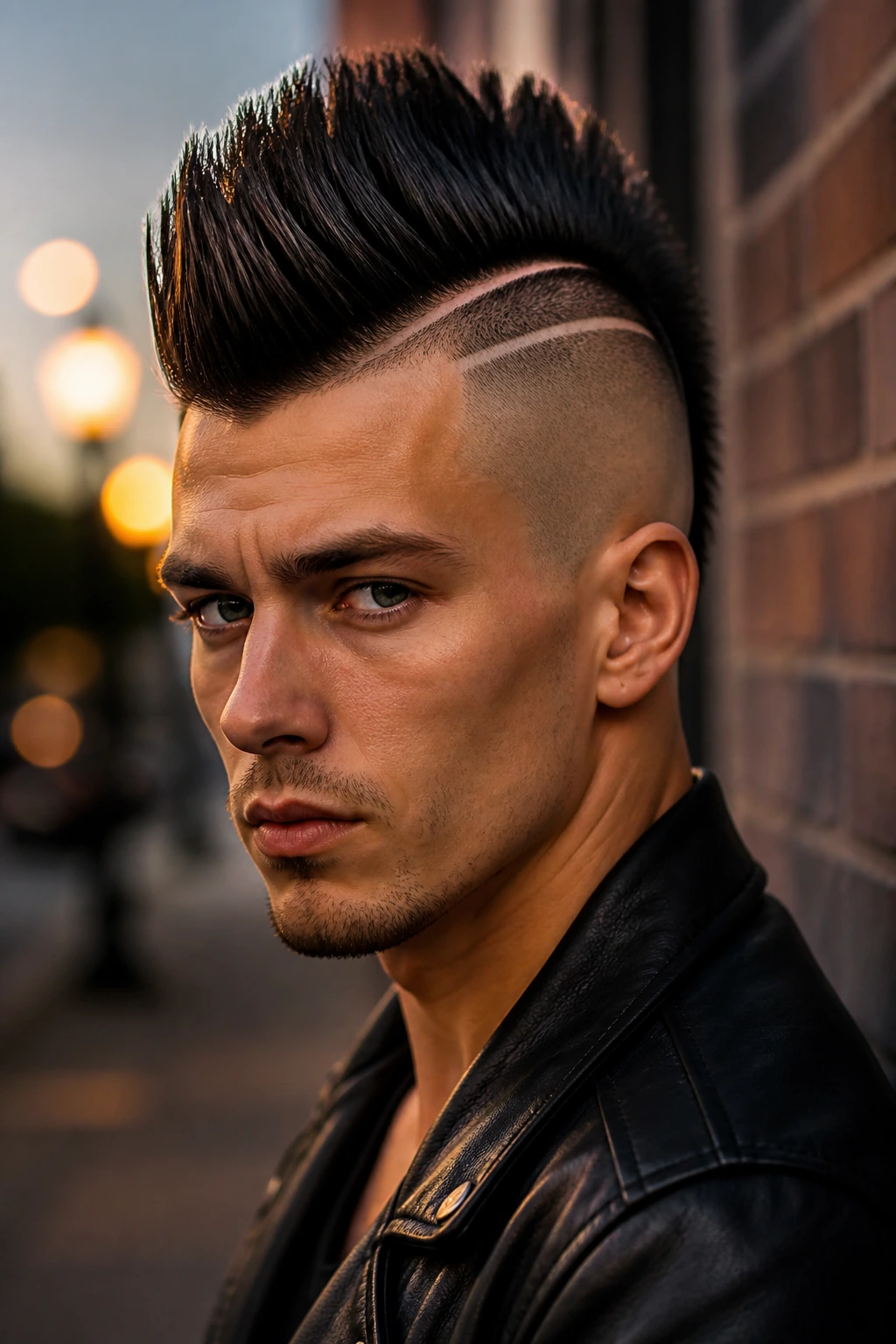 Portrait of a person with a center mohawk and shaved sides with a hard part.