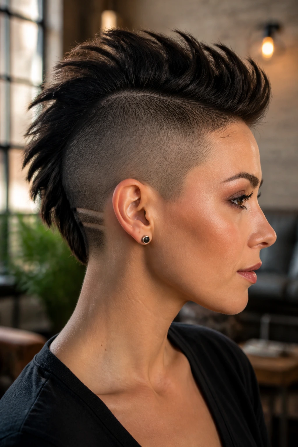 Close-up of real person with mohawk showing hidden shaved design behind ear