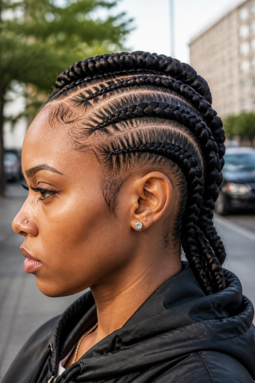 Close-up of a real person with Mohawk-inspired Ghana braids