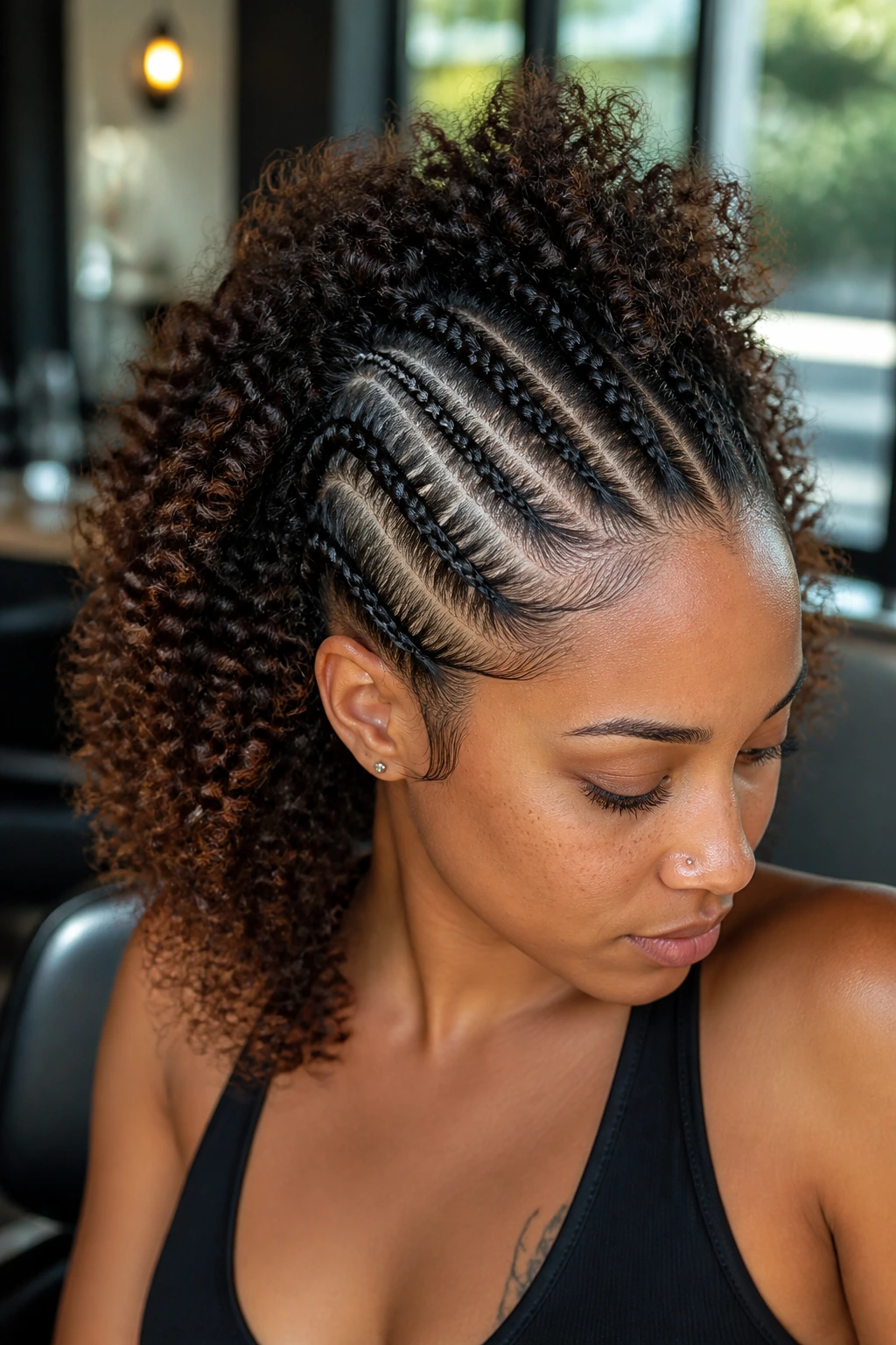 Close-up of Mohawk-Inspired Micro-Braid Row on a real woman with voluminous curls