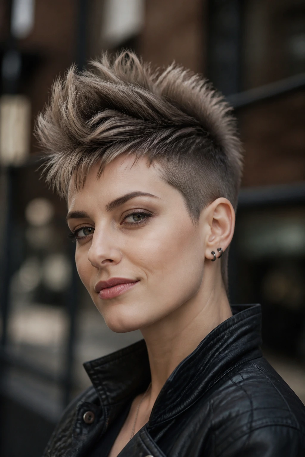 Close-up portrait of a real person with choppy mohawk pixie hairstyle
