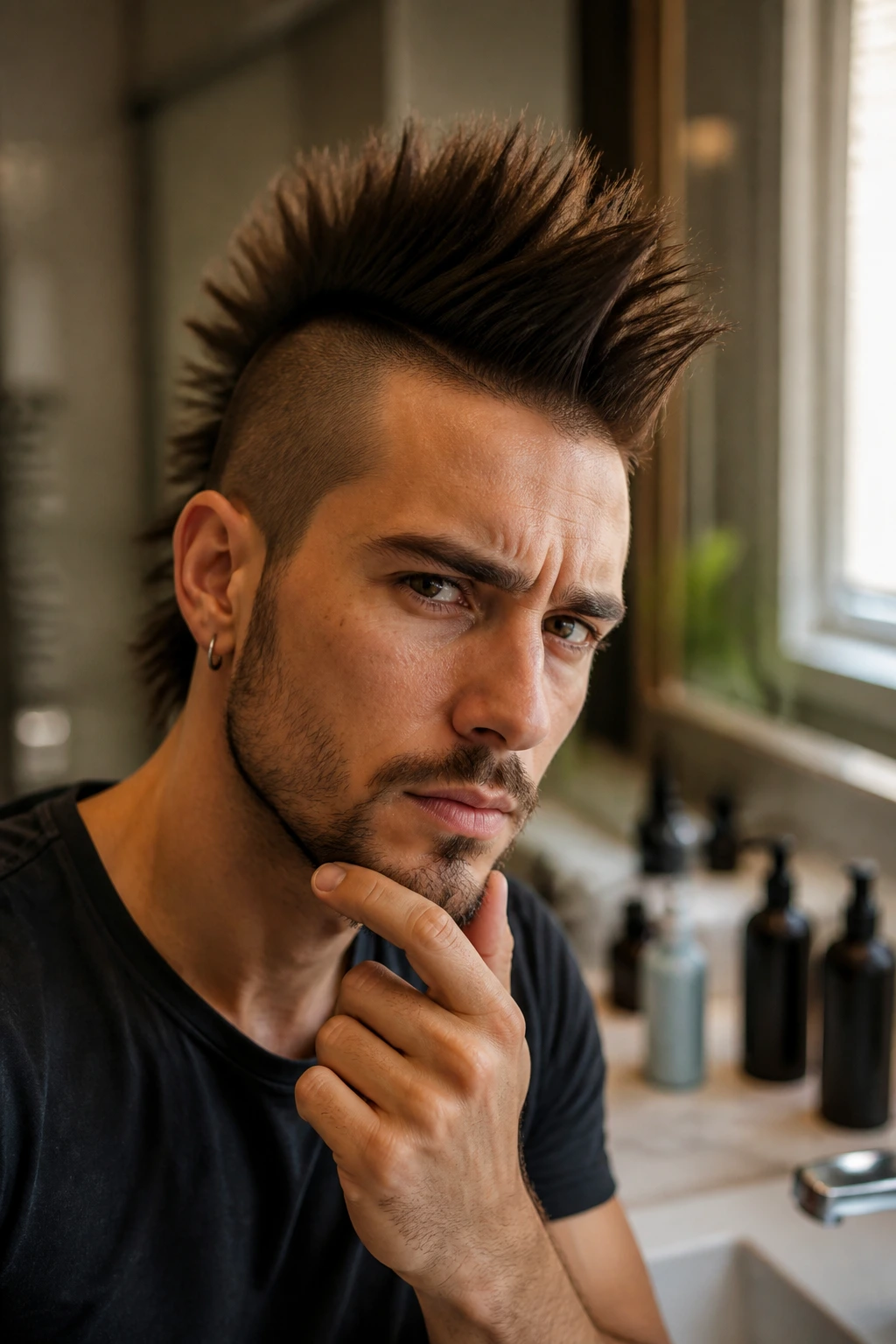 Portrait of person with mohawk considering hair products at vanity