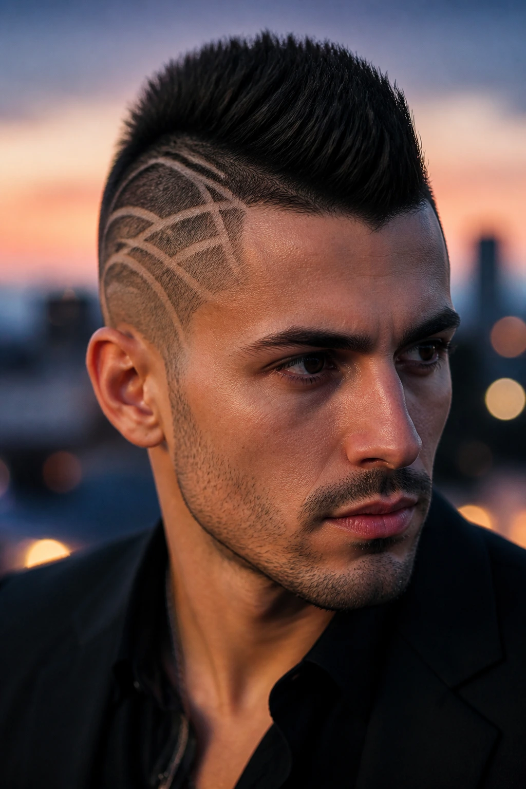 Close-up portrait of a real person with shaved side patterns mohawk