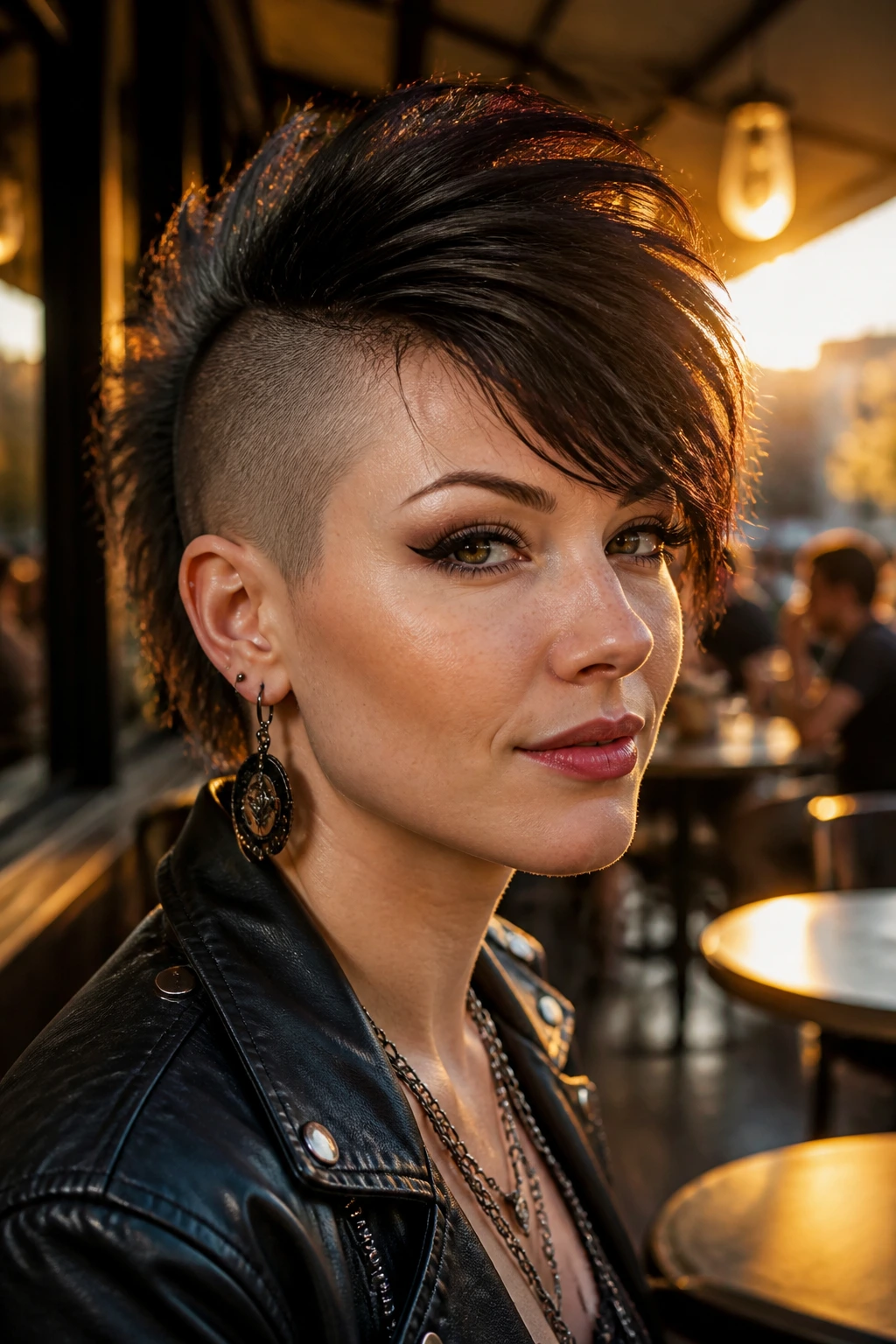 Real person with mohawk and side-swept bangs at sunset cafe