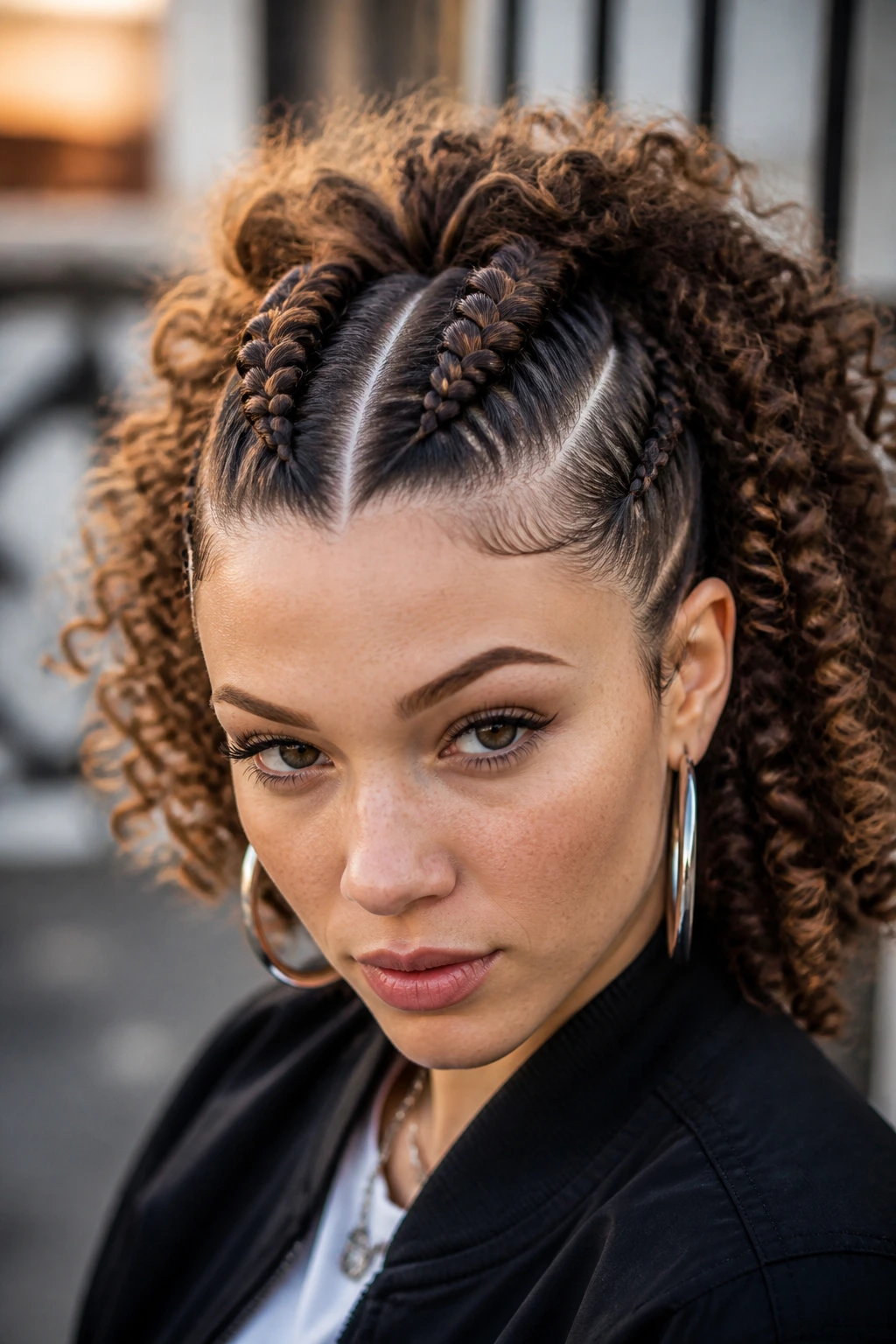 Close-up portrait of a real person with mohawk-style double braids outdoors.