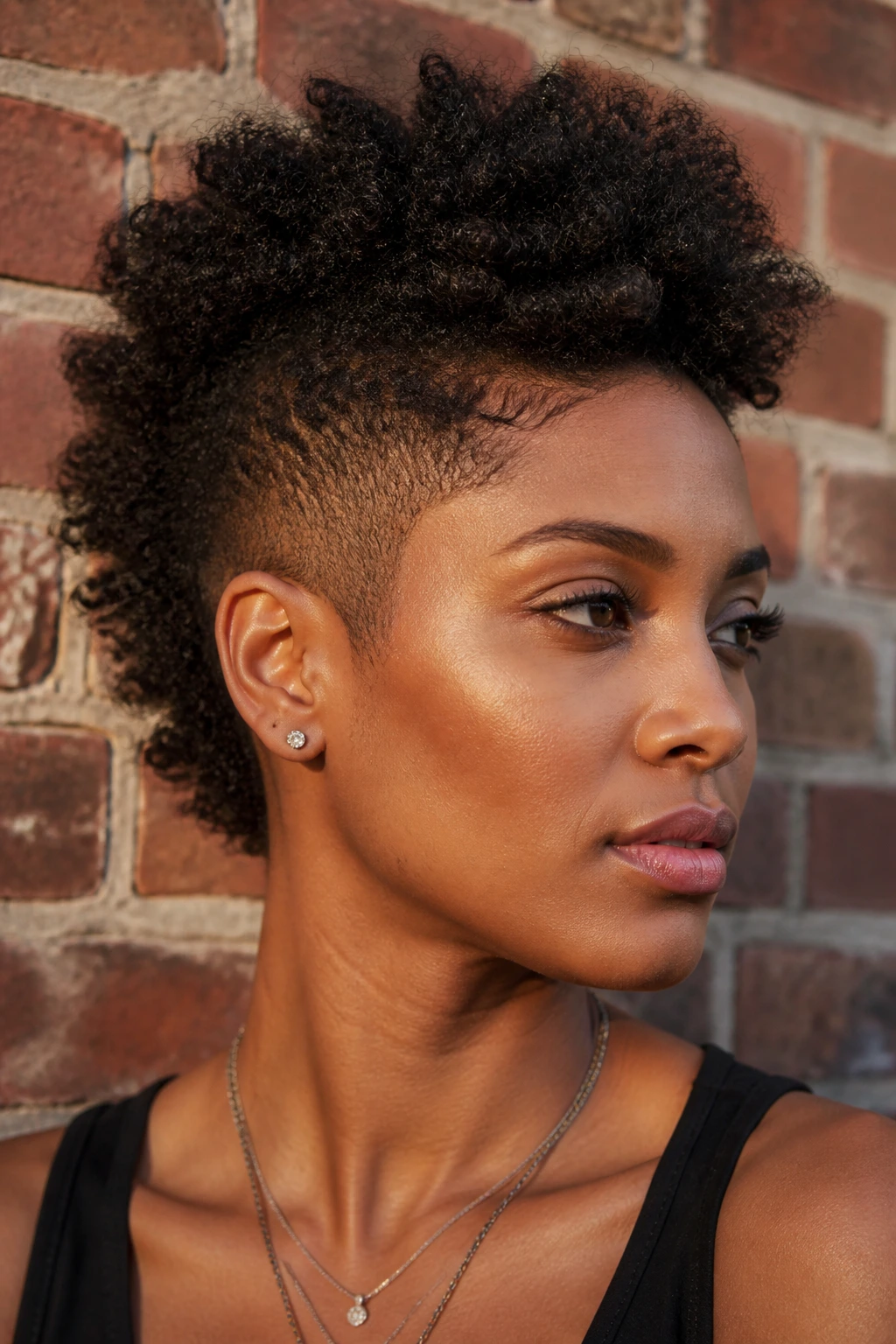Close-up of a real person with a mohawk and tapered sides in warm sunlight
