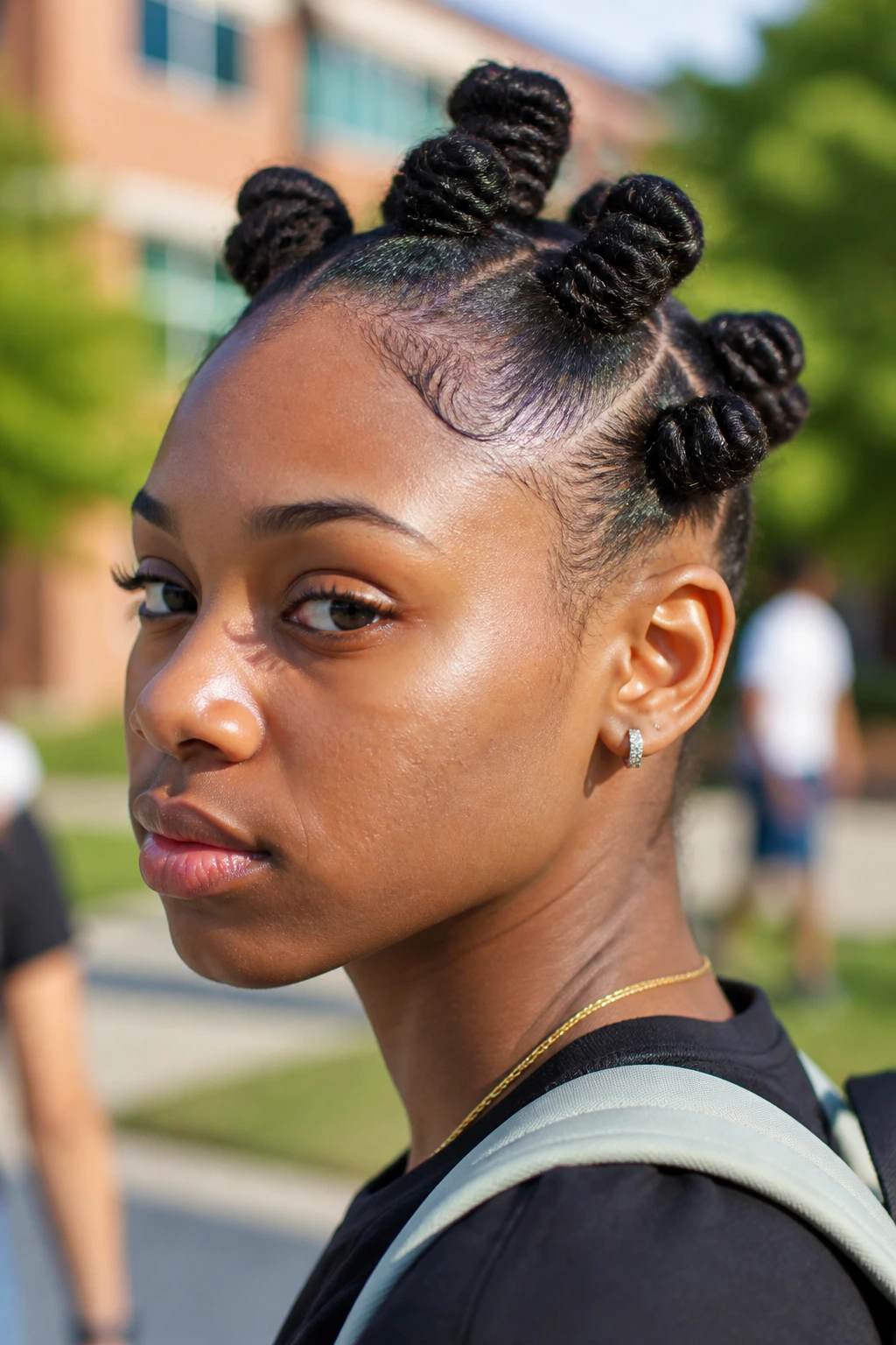 Close-up of a real person with a sectioned mohawk twist hairstyle