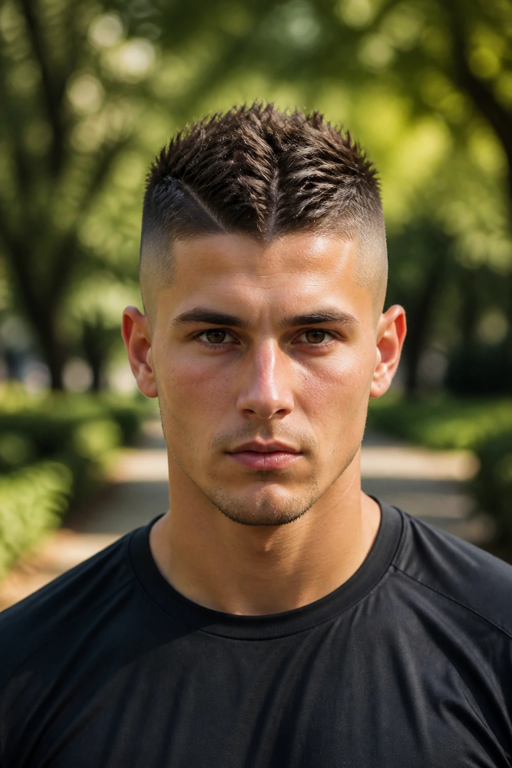 Close-up portrait of a real person with center Mohawk-inspired undercut.