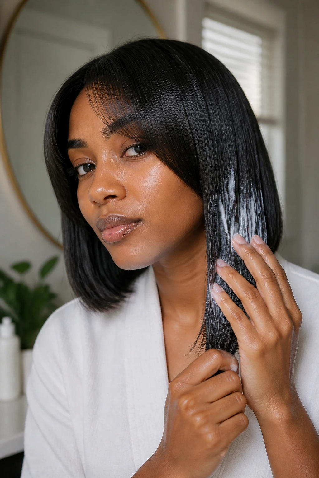 Real person applying leave-in conditioner to moisturized hair in a vanity setting