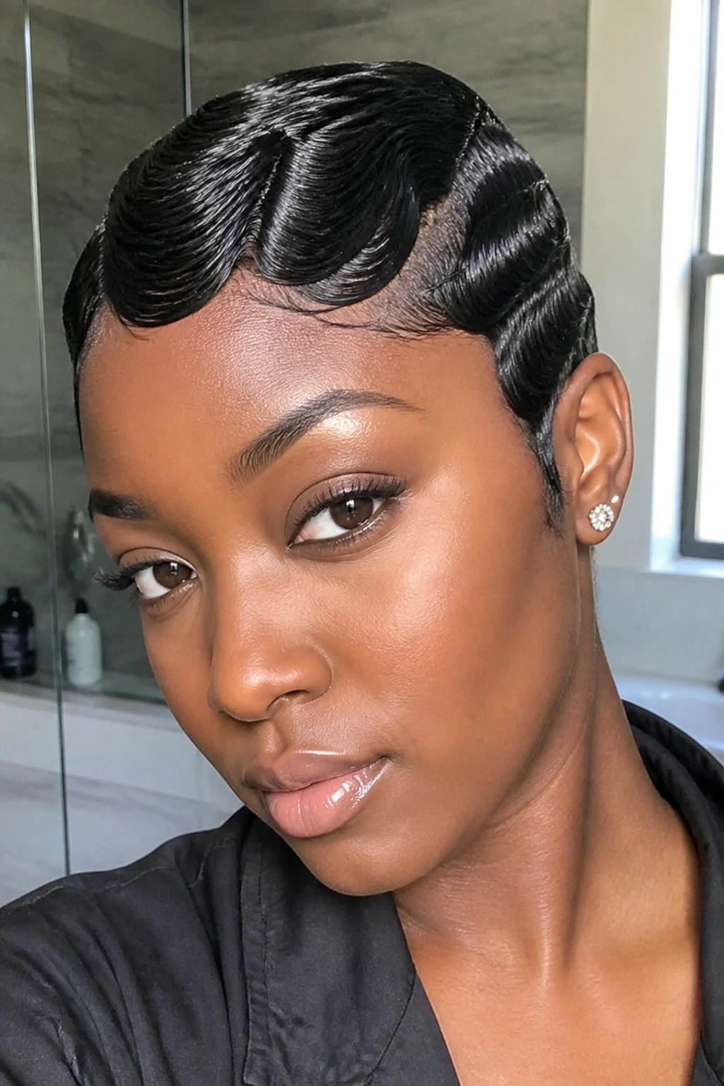 Close-up of a real person with a molded boy cut and side-swept waves in sleek bathroom light