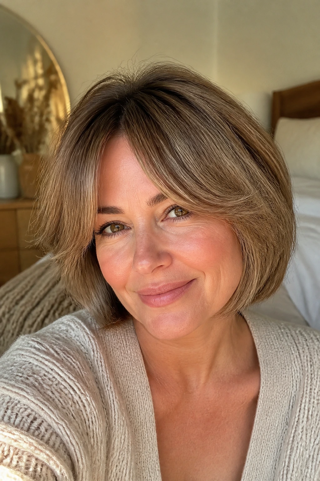Close-up of a real woman with a soft voluminous mom bob and curtain bangs