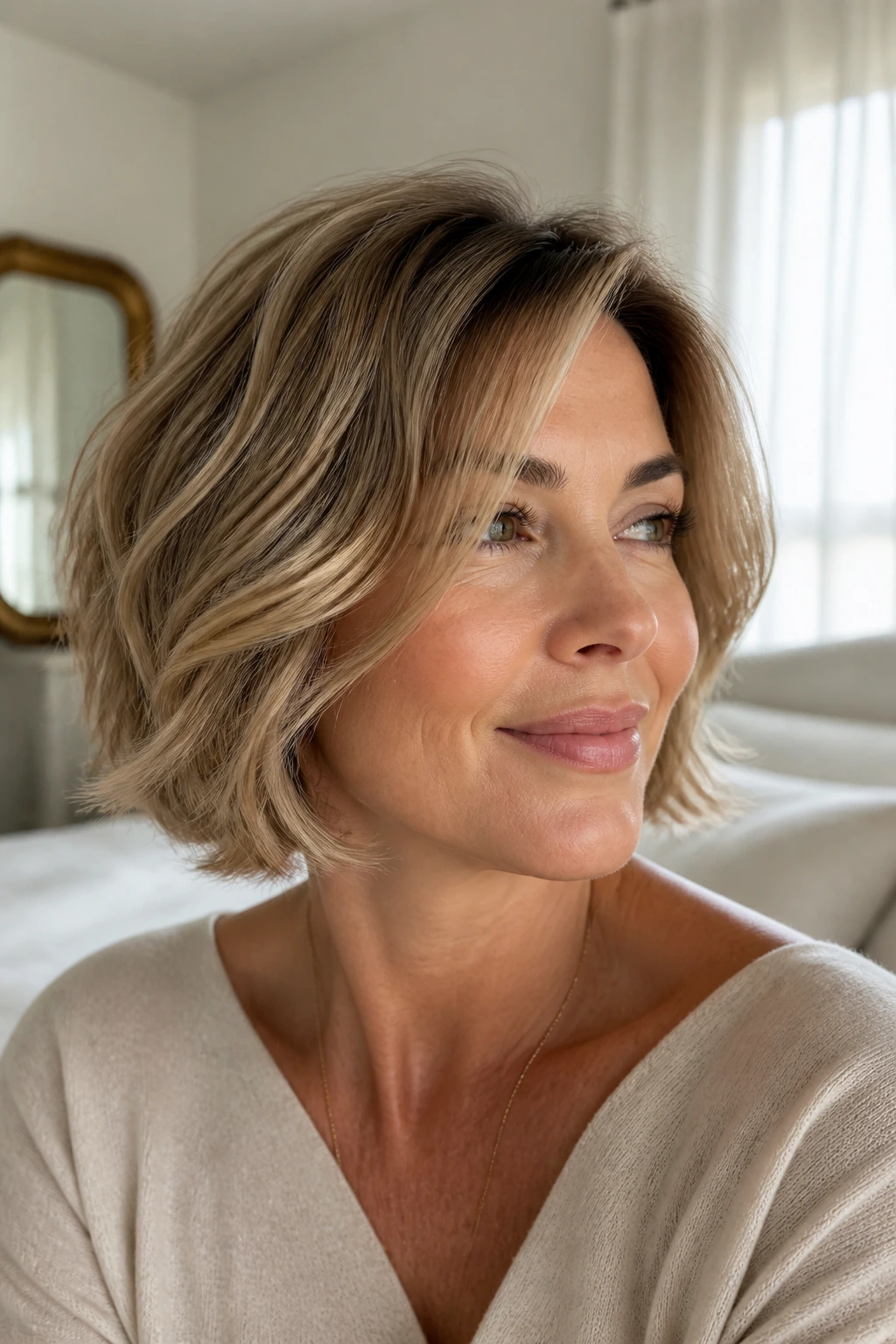 Close-up of a real woman with a modern mom bob and invisible layers.