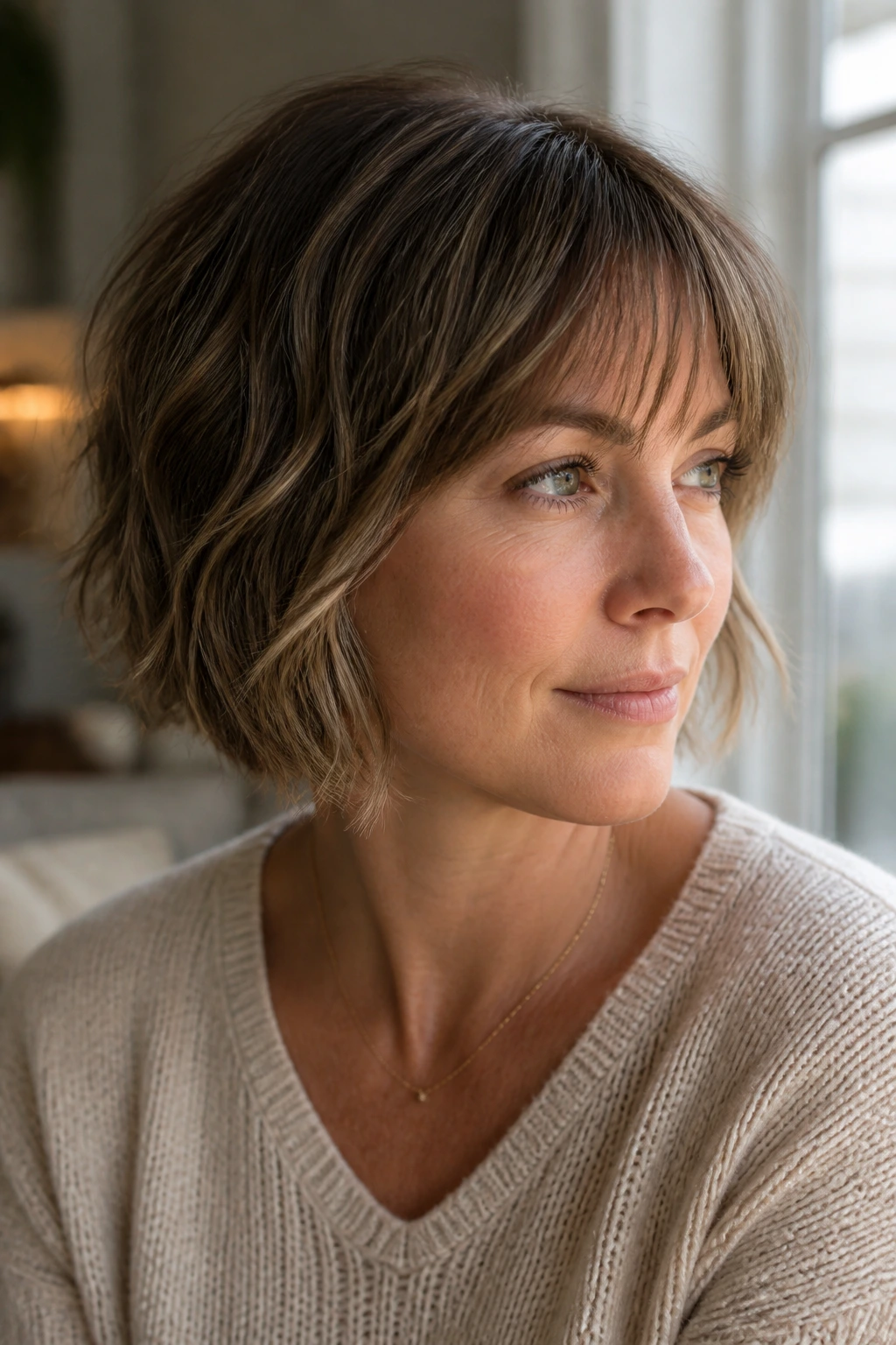 Close-up of a real woman with a choppy mom bob and soft bangs