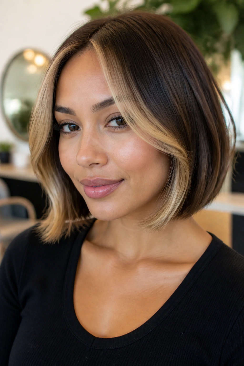 Close-up of a real woman with a two-tone money-piece bob