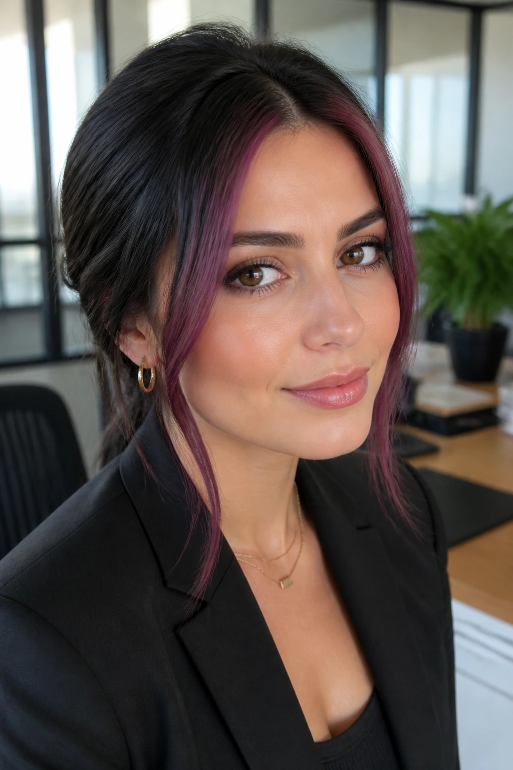 Close-up of a woman with rose-violet money piece framing the face in an office setting