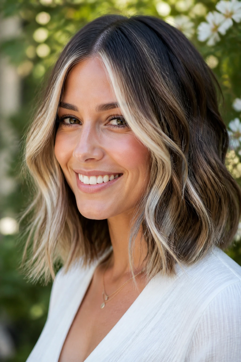 Real woman with textured waves and face-framing pieces