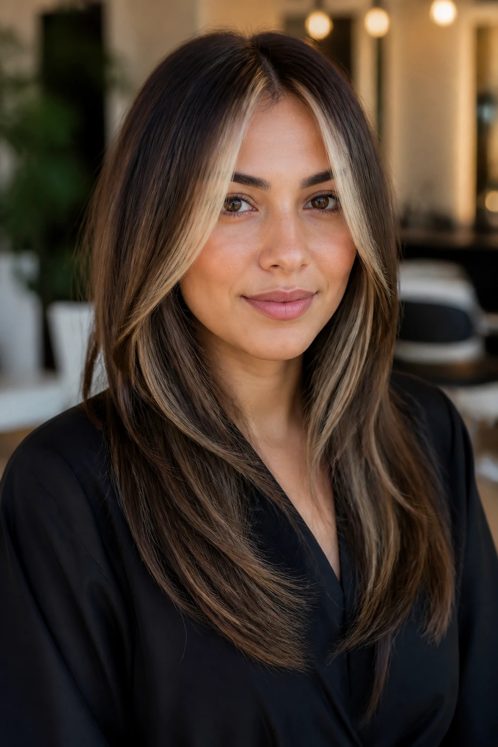 Close-up of a woman with angled front layers and bright money-piece highlights in a warm salon.