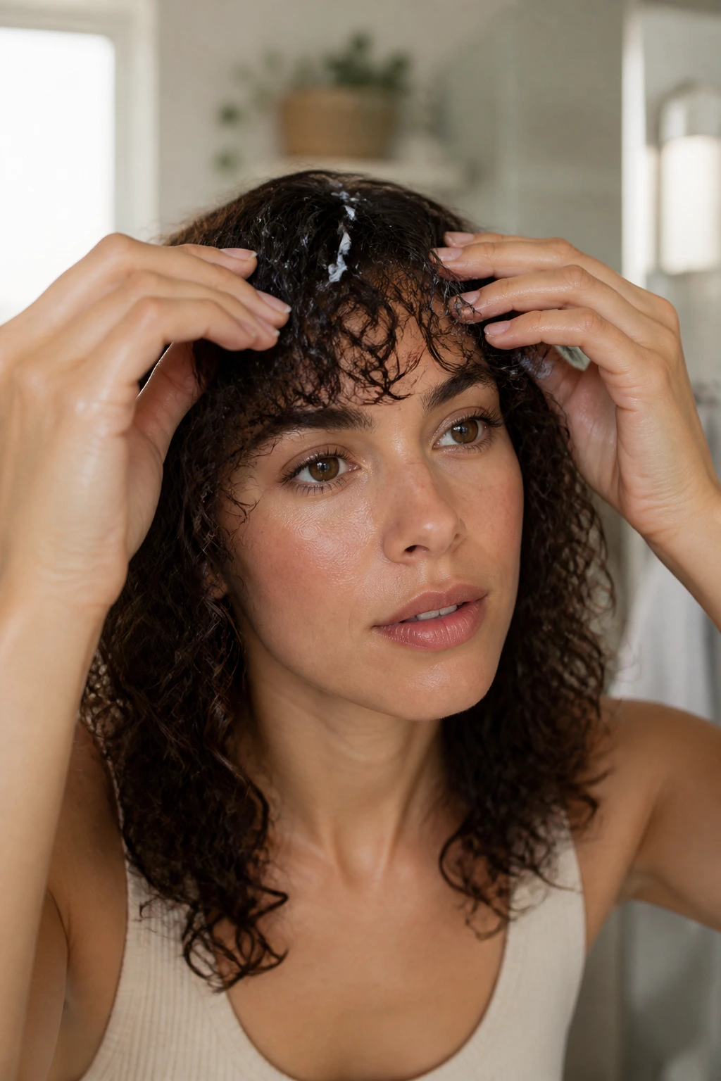 Close-up of a real person styling textured curly bangs in the morning