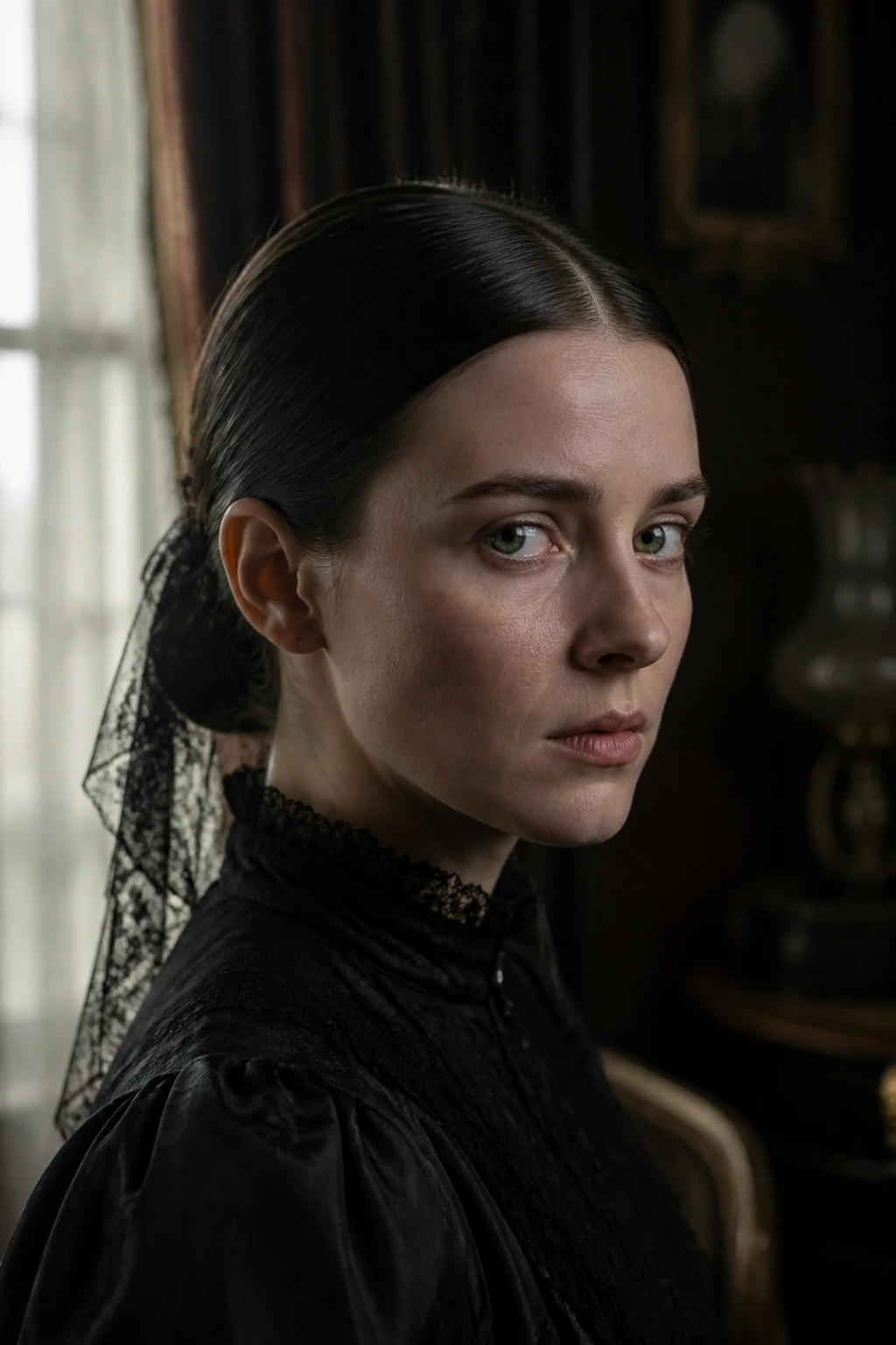 Close-up portrait of a woman with a precise center-part mourning updo and veil