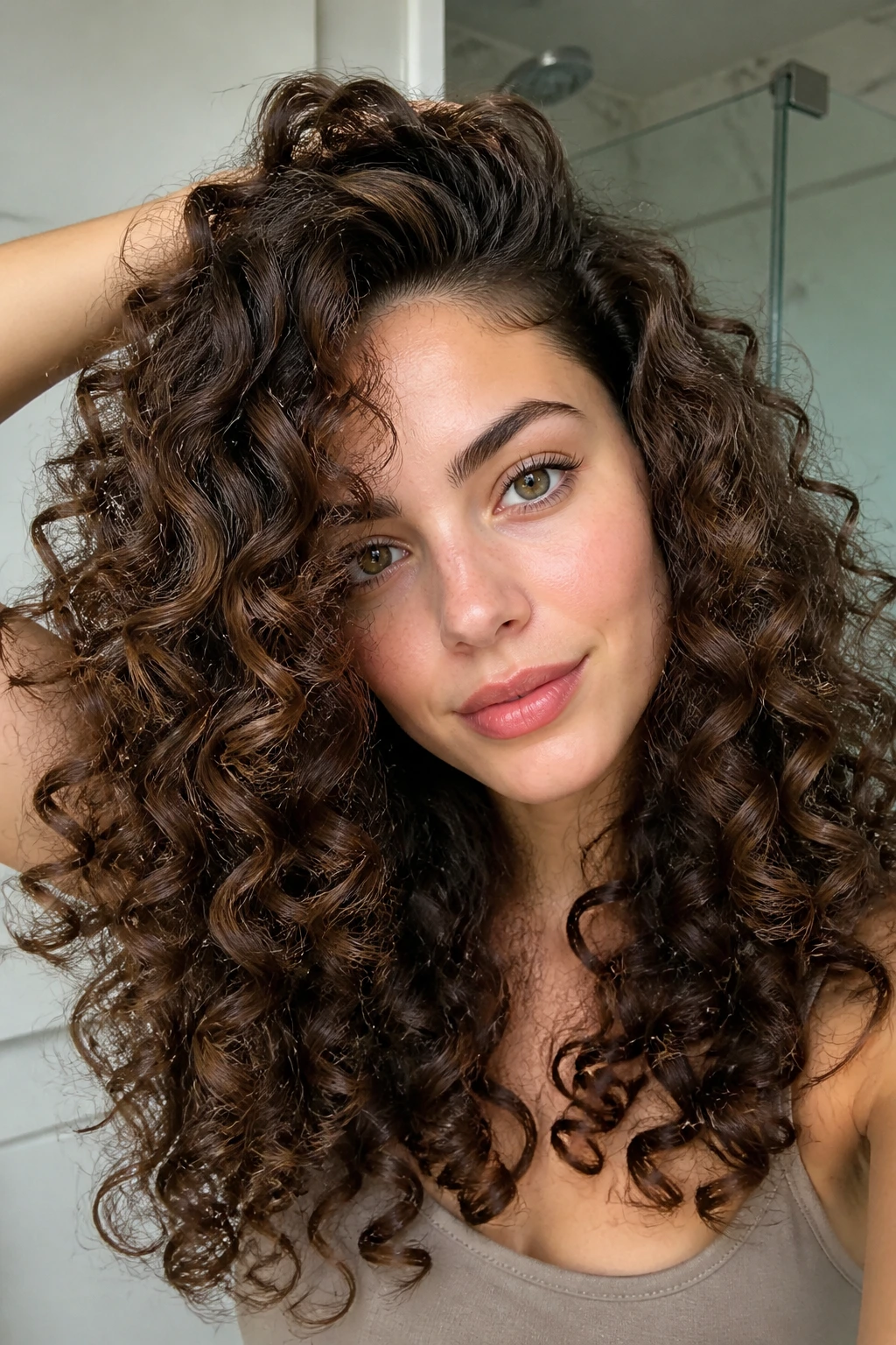 Close-up of a real person with voluminous mousse-defined curls