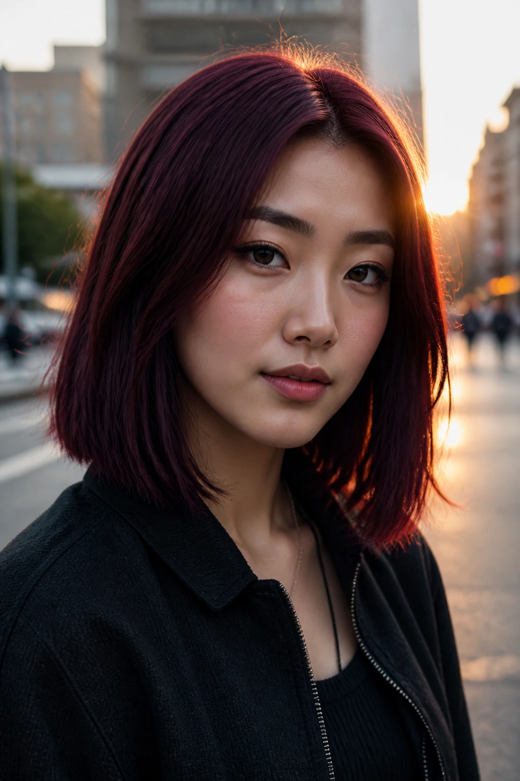 Front-facing close-up of a real Asian woman with shoulder-length blunt cut in solid dark mulberry color