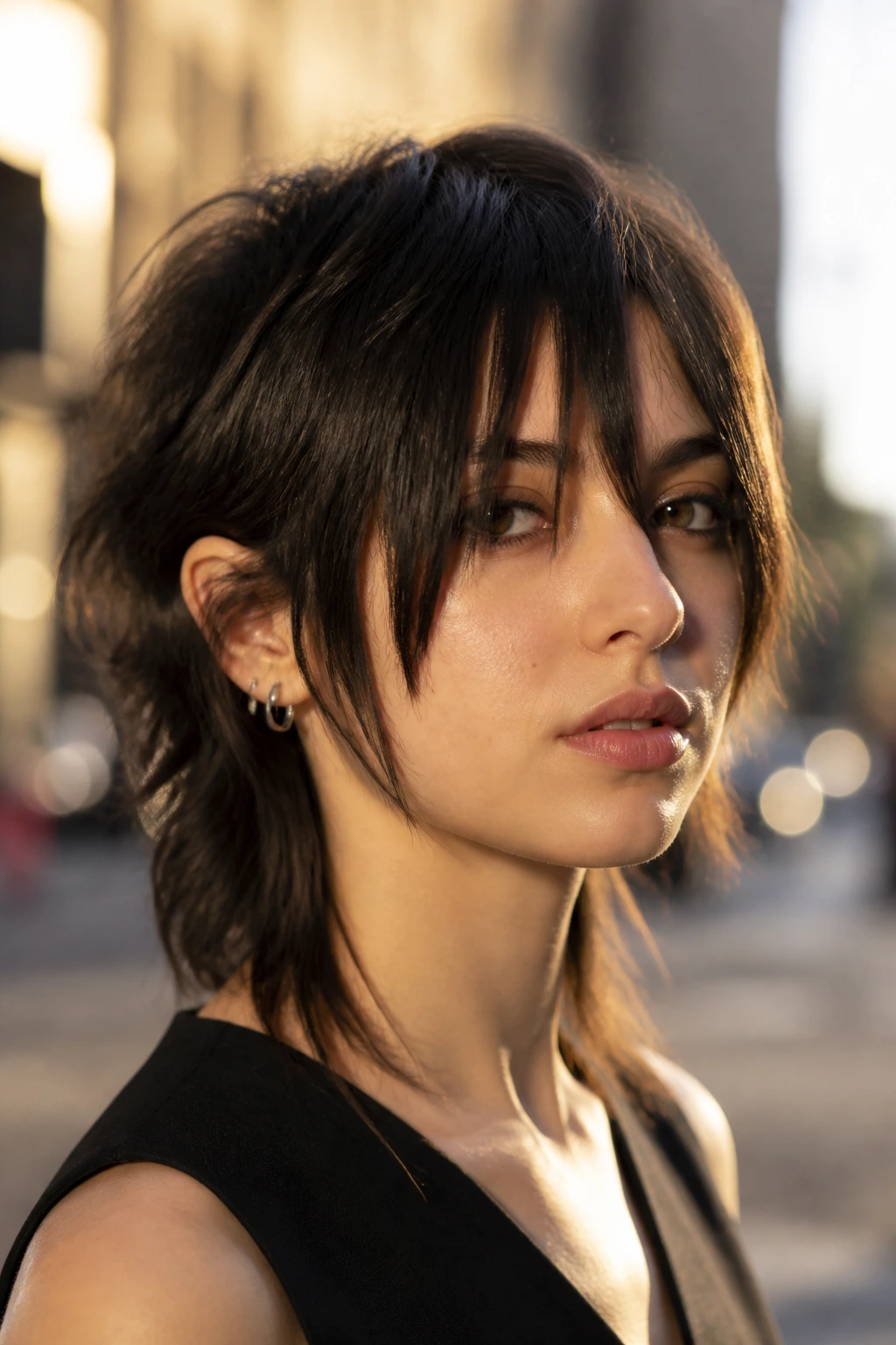Close-up of a woman with a mullet-bob hybrid hairstyle in golden hour street setting