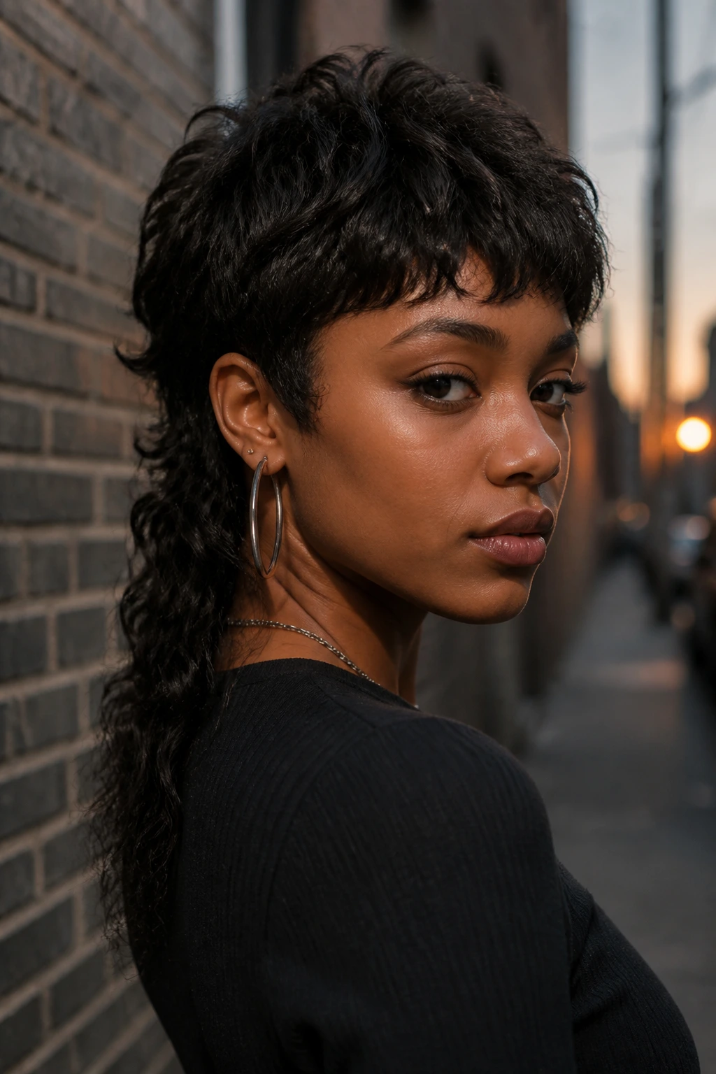 Portrait of a real person with an edgy mullet-bob hairstyle in an urban setting.