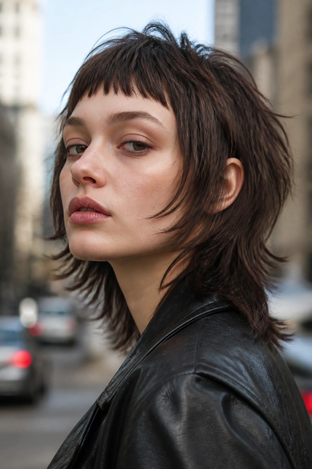 Portrait of a real person with a shaggy mullet-bob and micro bangs outdoors