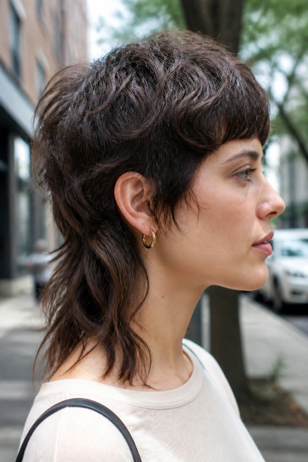 Profile portrait of a real person with a mullet bob silhouette.
