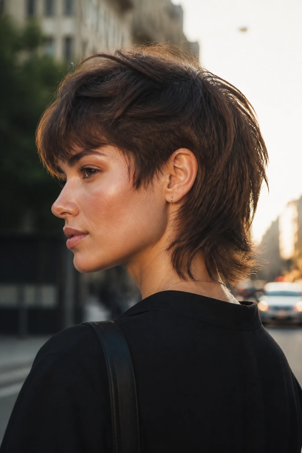 Portrait of a real person with a modern mullet-bob hybrid showing shorter sides and longer back