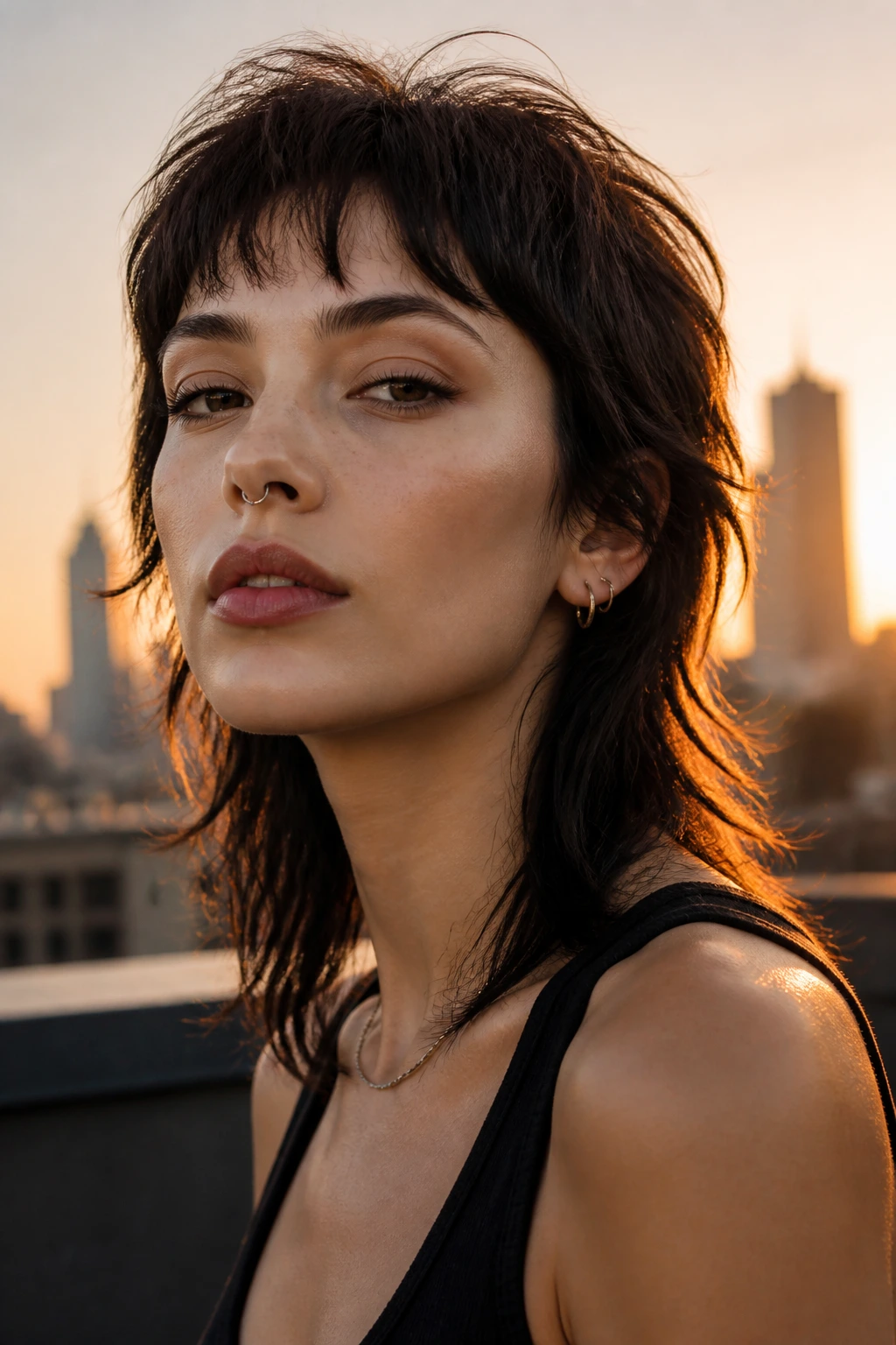 Portrait of a real woman with mullet-lite and wispy micro-bangs on a rooftop at golden hour.
